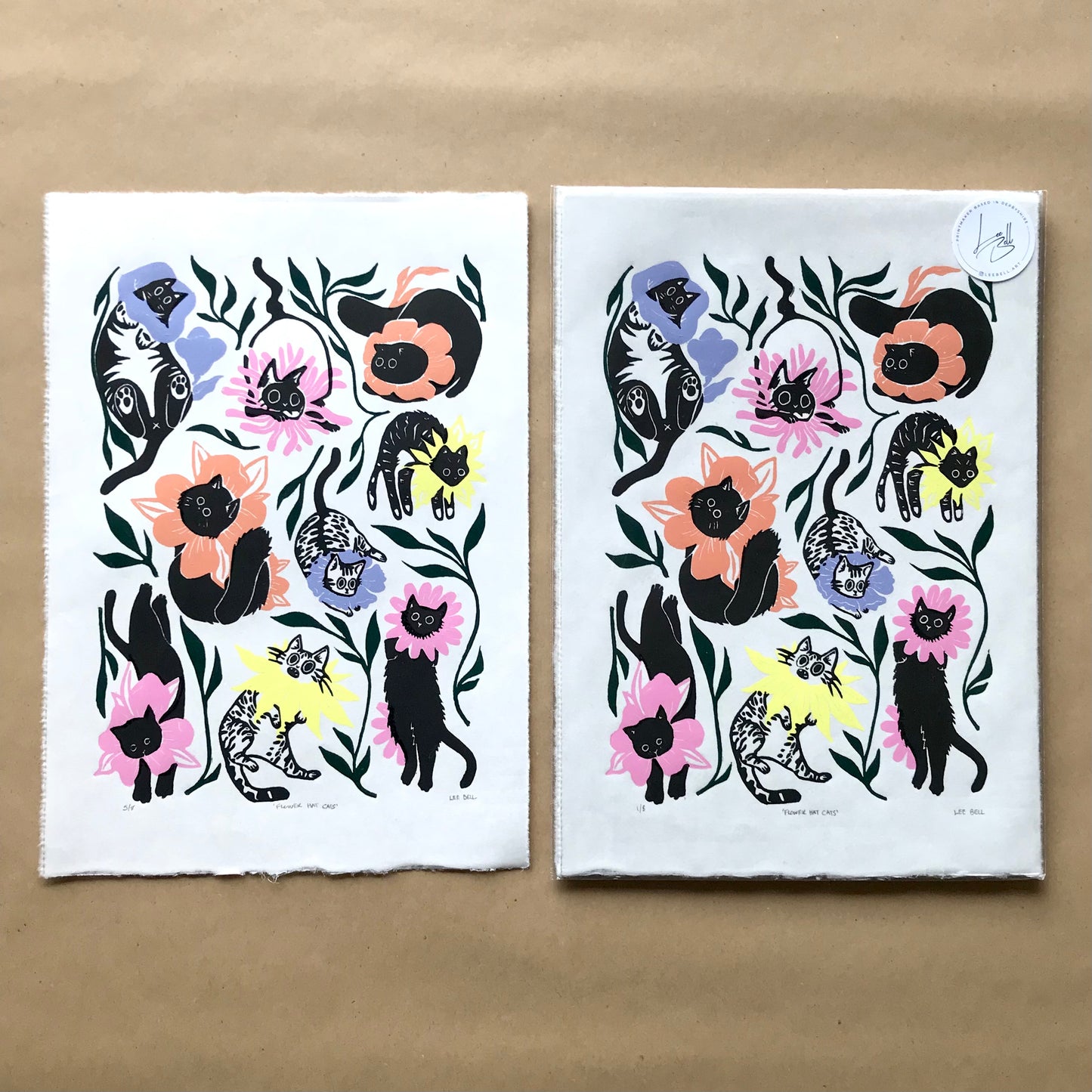 Hand-Printed ‘Flower Hat Cats’ A4 Lino Print