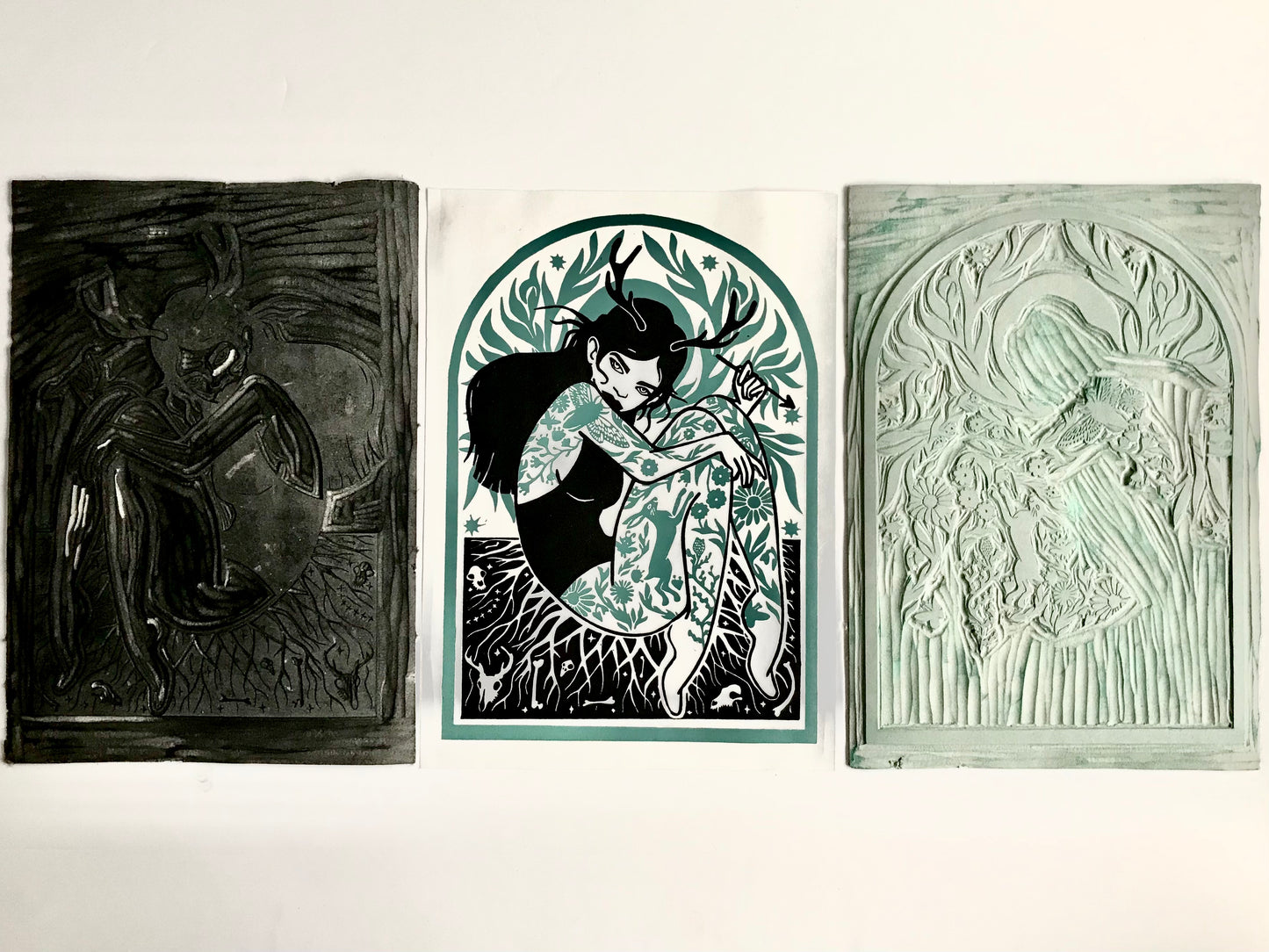 Original Handprinted ‘Green Witch’ A4 Lino Print