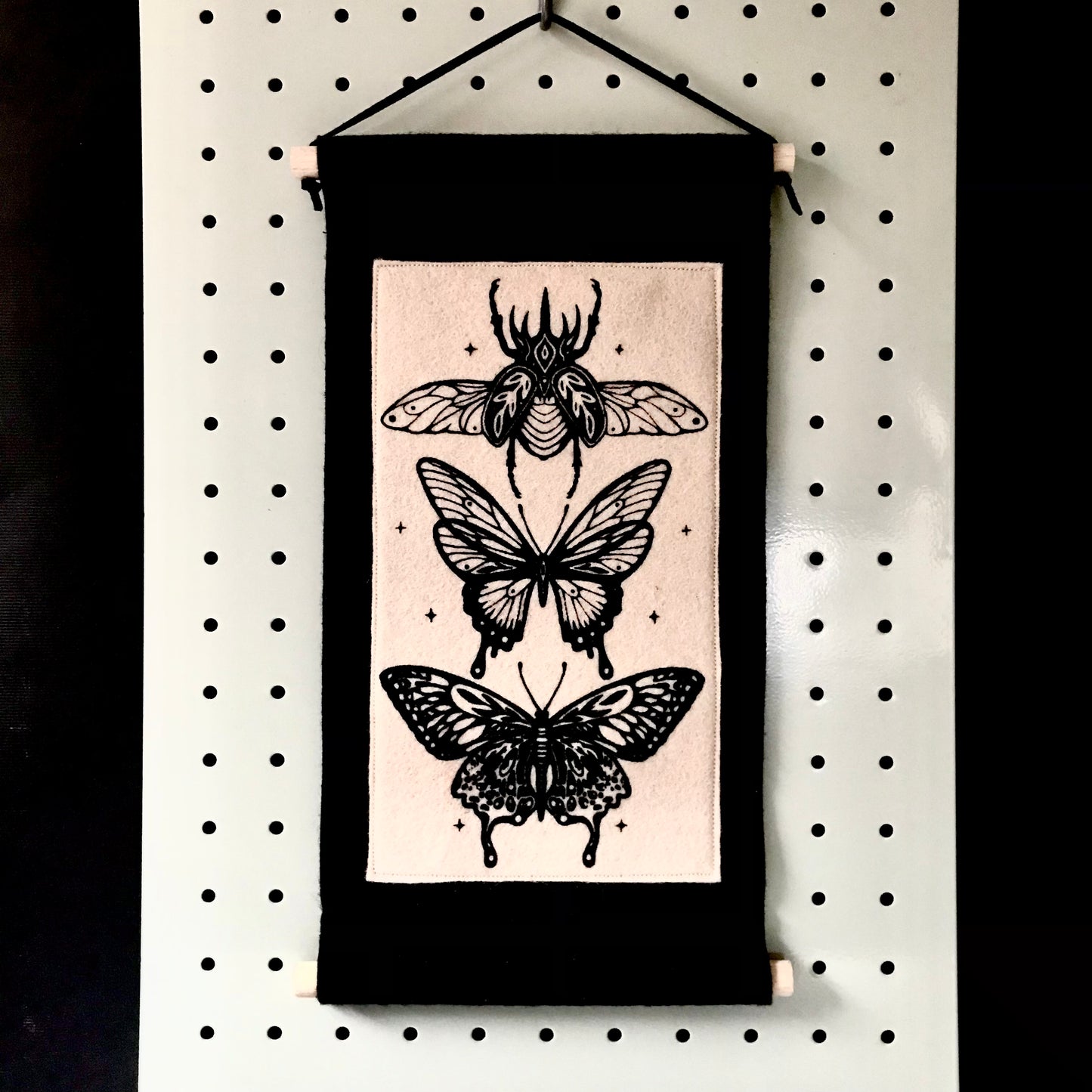 Gothic Insect Felt Wall Hanging – Hand Printed Textile Art – Dark Botanical Home Decor