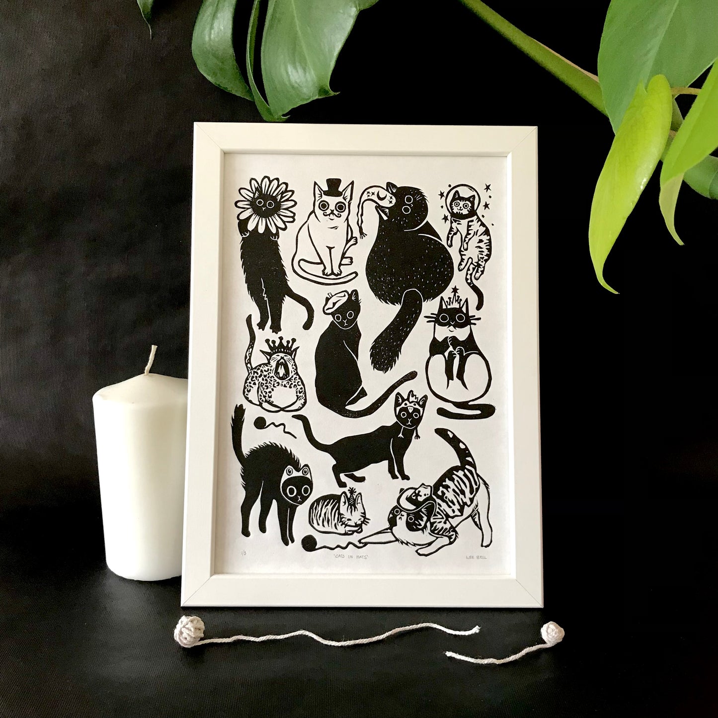 Original Handprinted ‘Cats In Hats’ Lino Art Prints