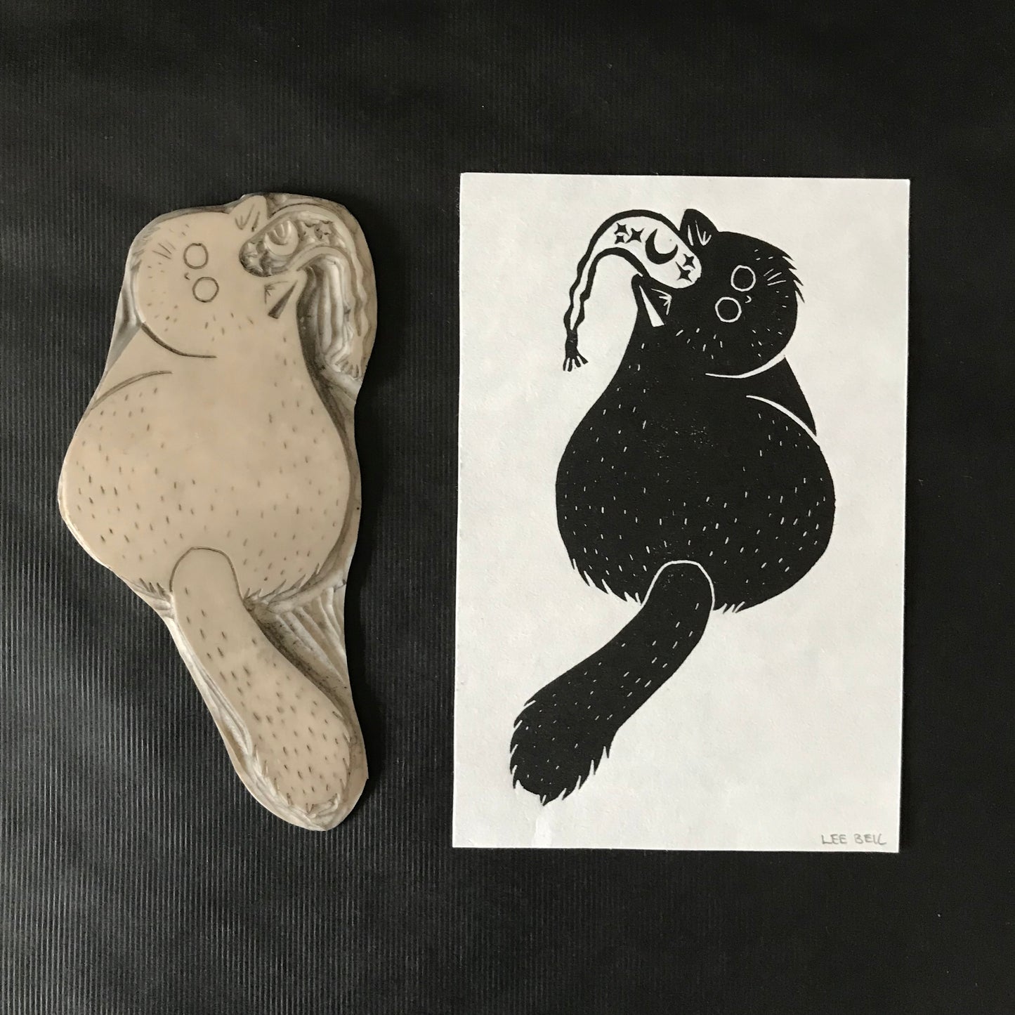 Original Handprinted ‘Cats In Hats’ Lino Art Prints