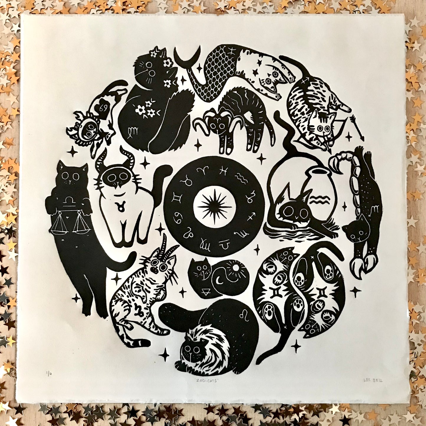 Zodicats 30x30cm Lino Art Print