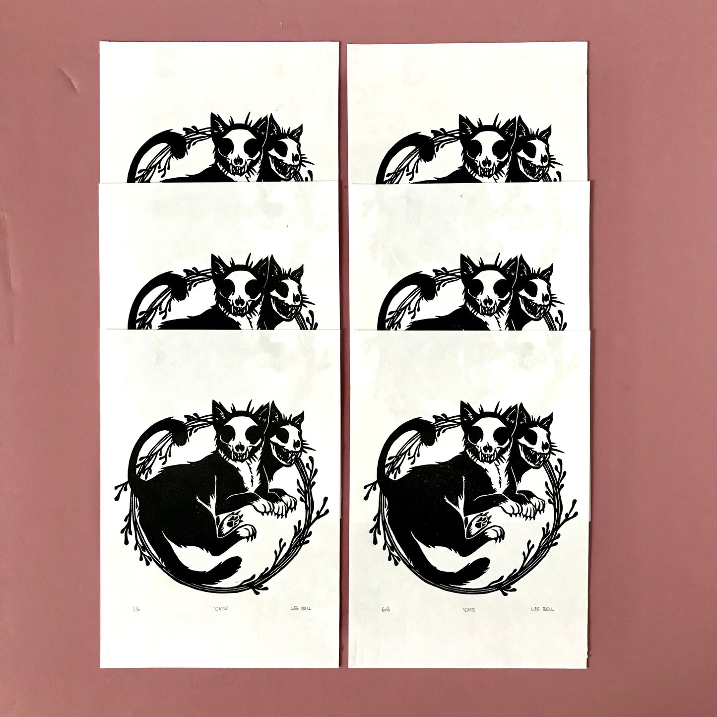 Original Handprinted ‘Skull Cats’ A5 Lino Print
