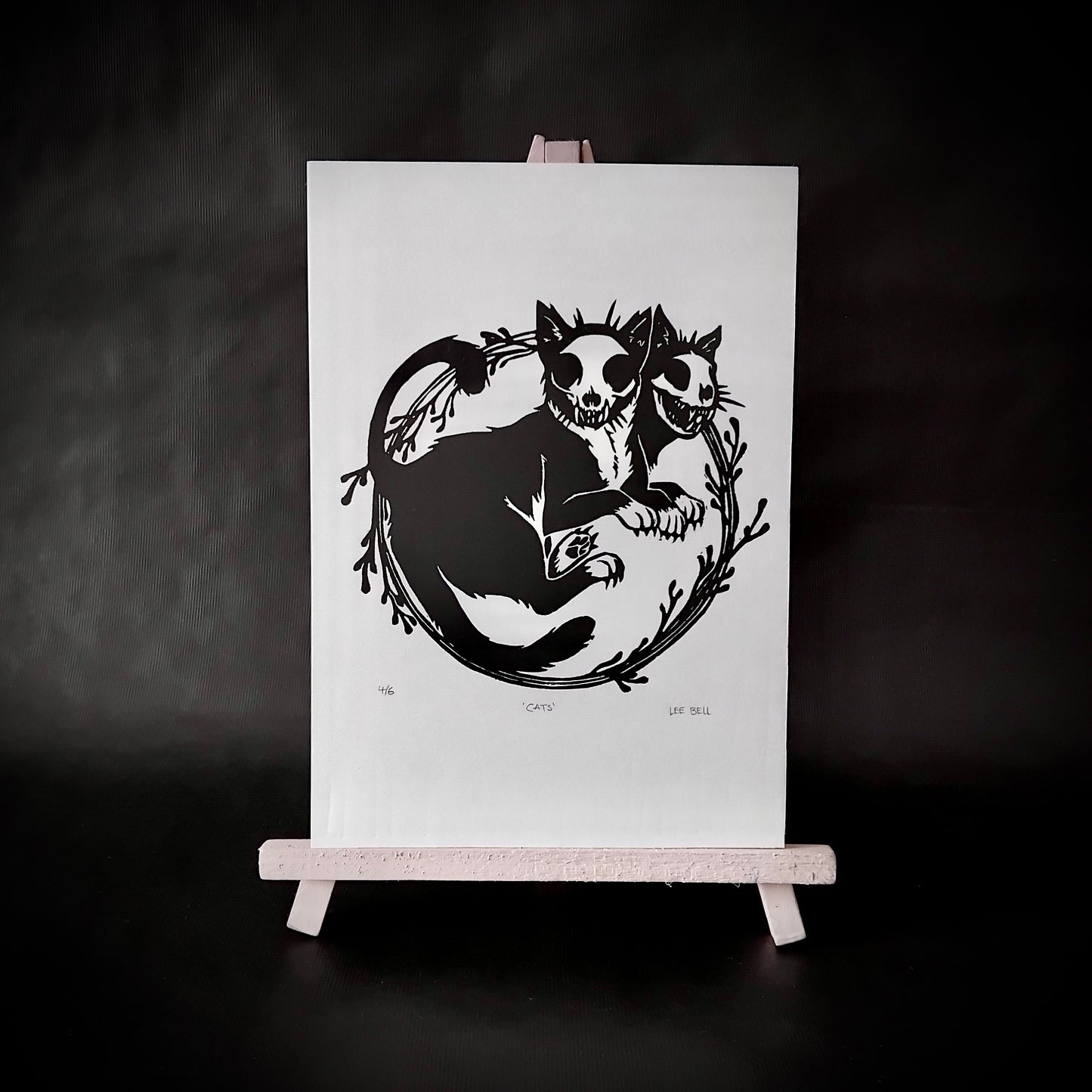 Original Handprinted ‘Skull Cats’ A5 Lino Print