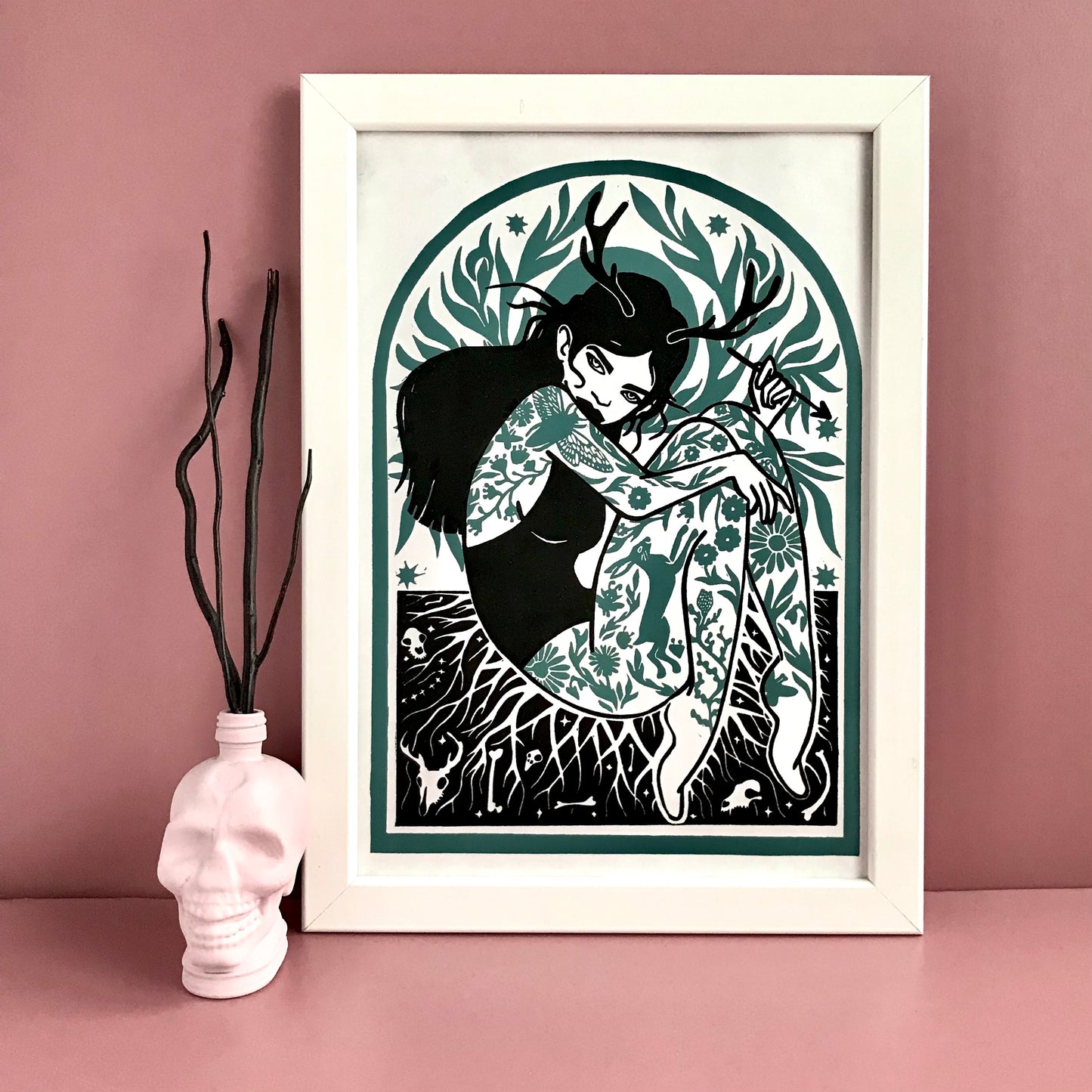 Original Handprinted ‘Green Witch’ A4 Lino Print