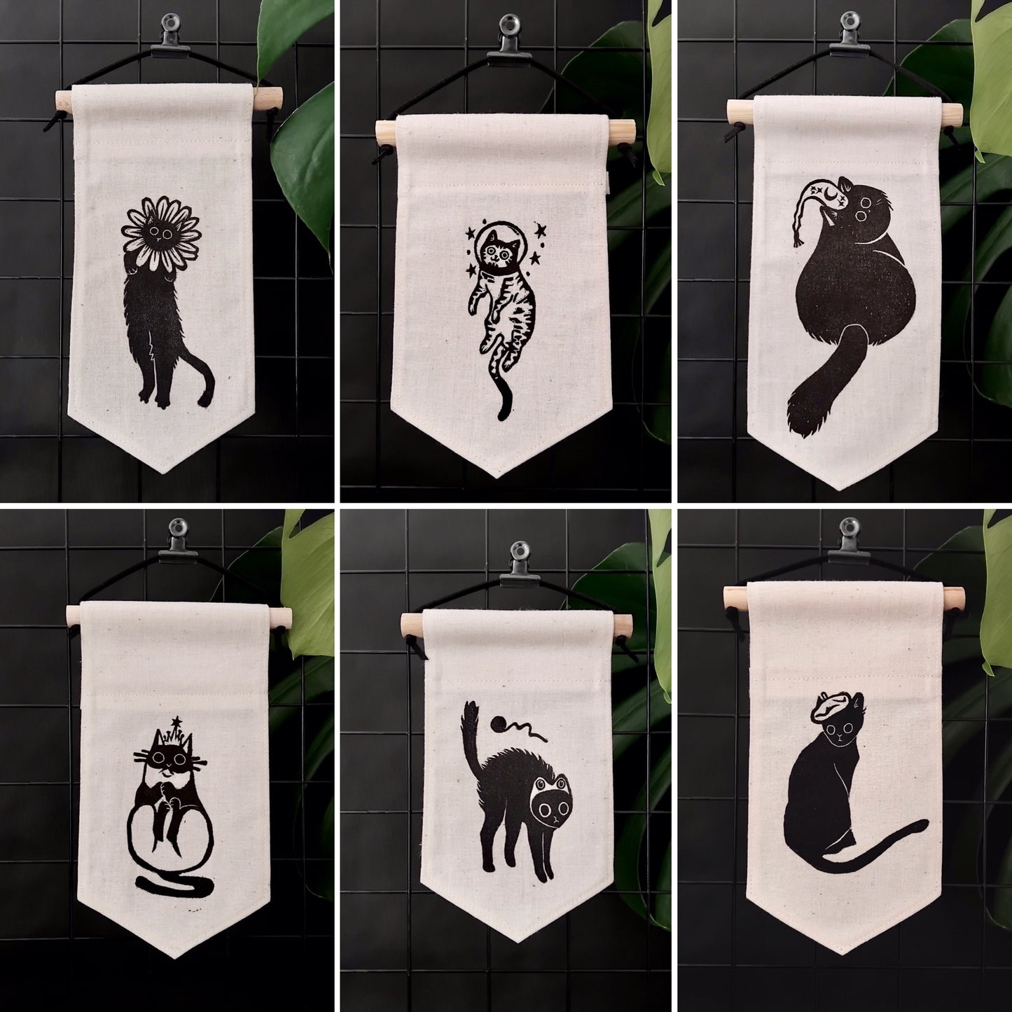 HANDMADE CATS IN HATS MINI FABRIC WALL HANGING