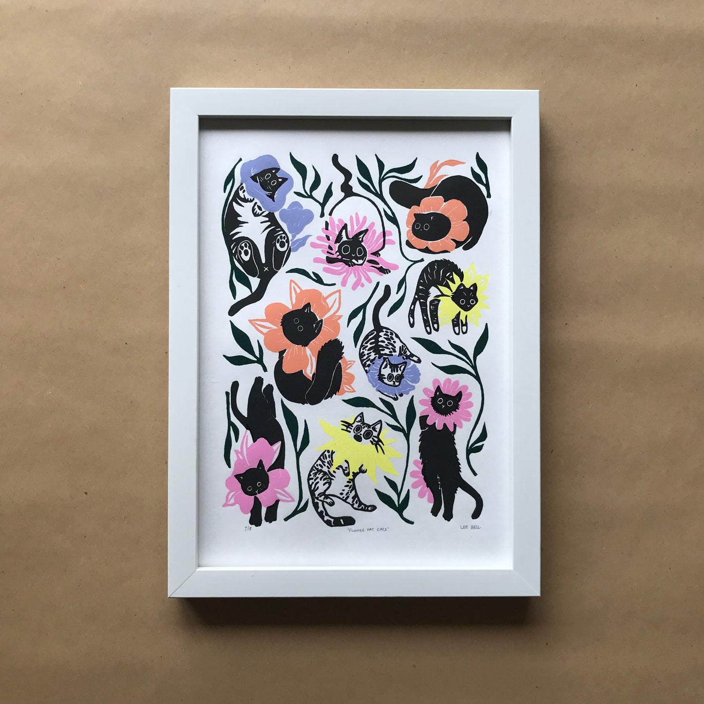 Hand-Printed ‘Flower Hat Cats’ A4 Lino Print