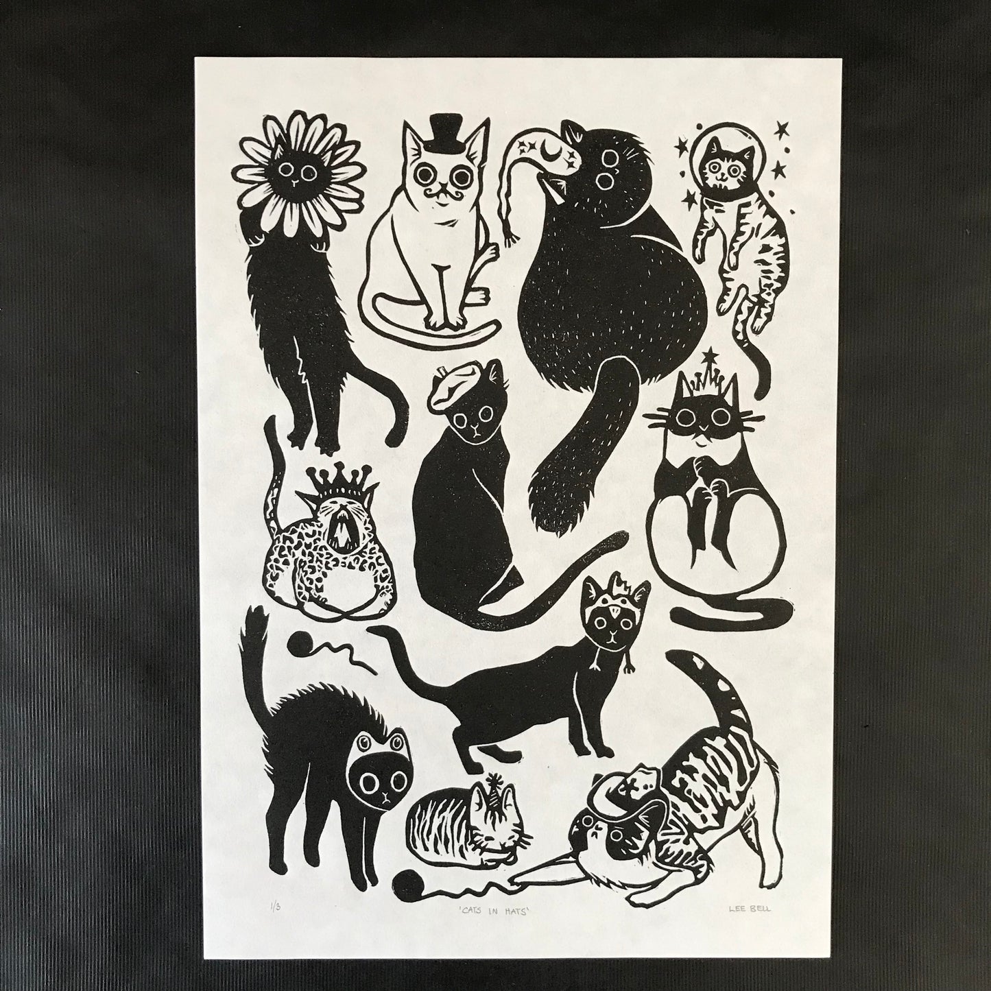 Original Handprinted ‘Cats In Hats’ Lino Art Prints
