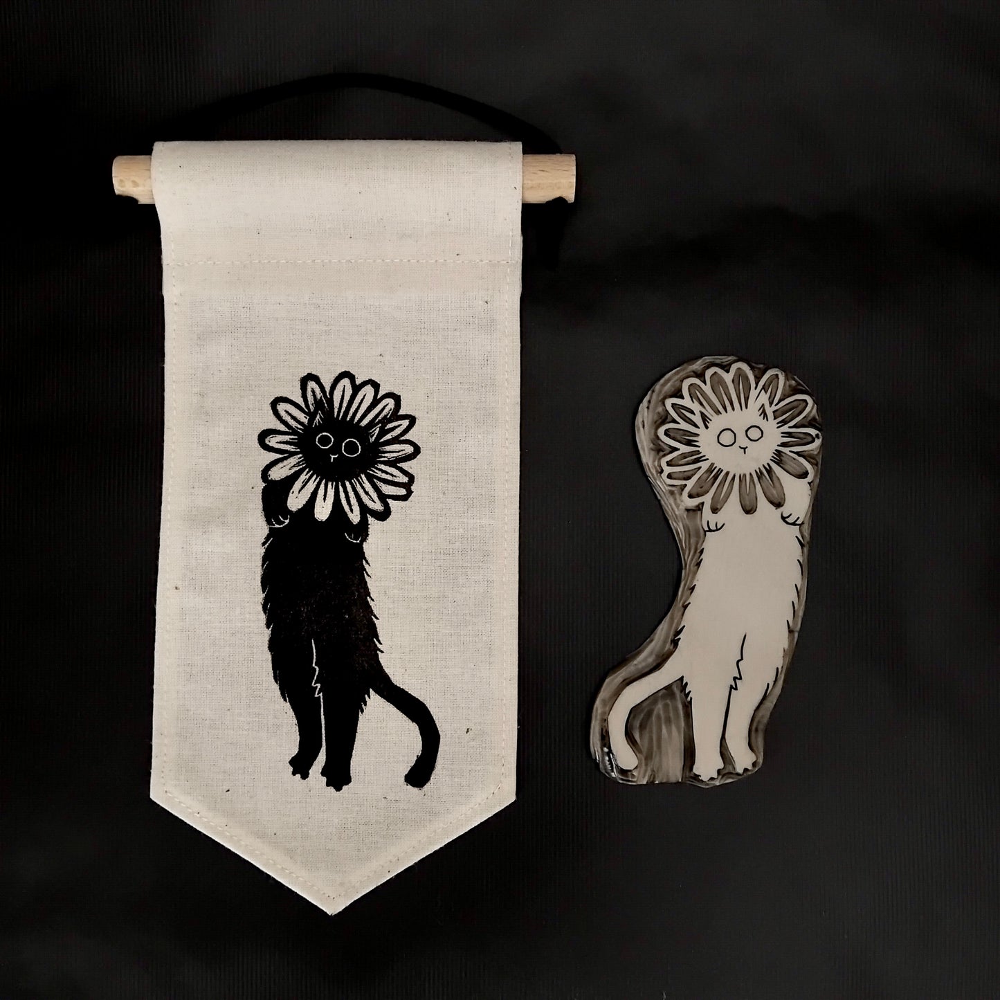 HANDMADE CATS IN HATS MINI FABRIC WALL HANGING