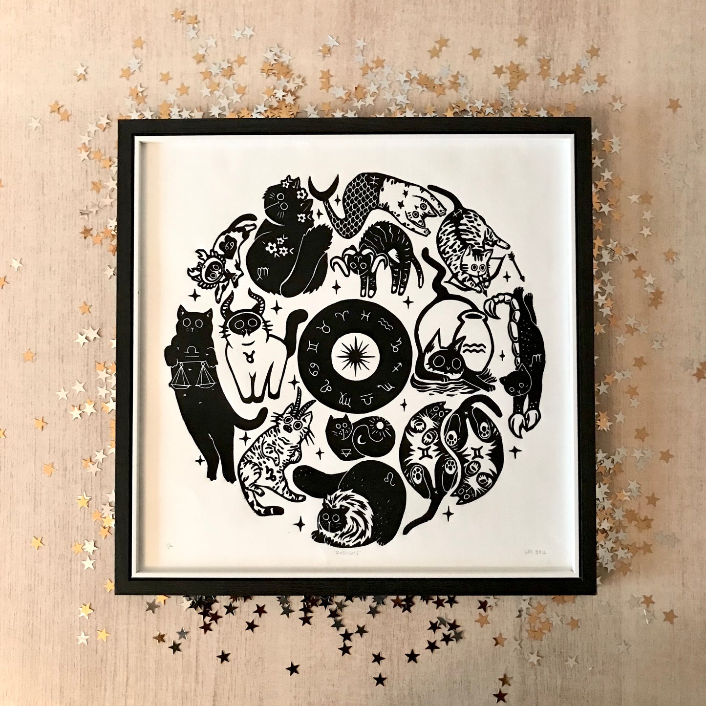 Zodicats 30x30cm Lino Art Print