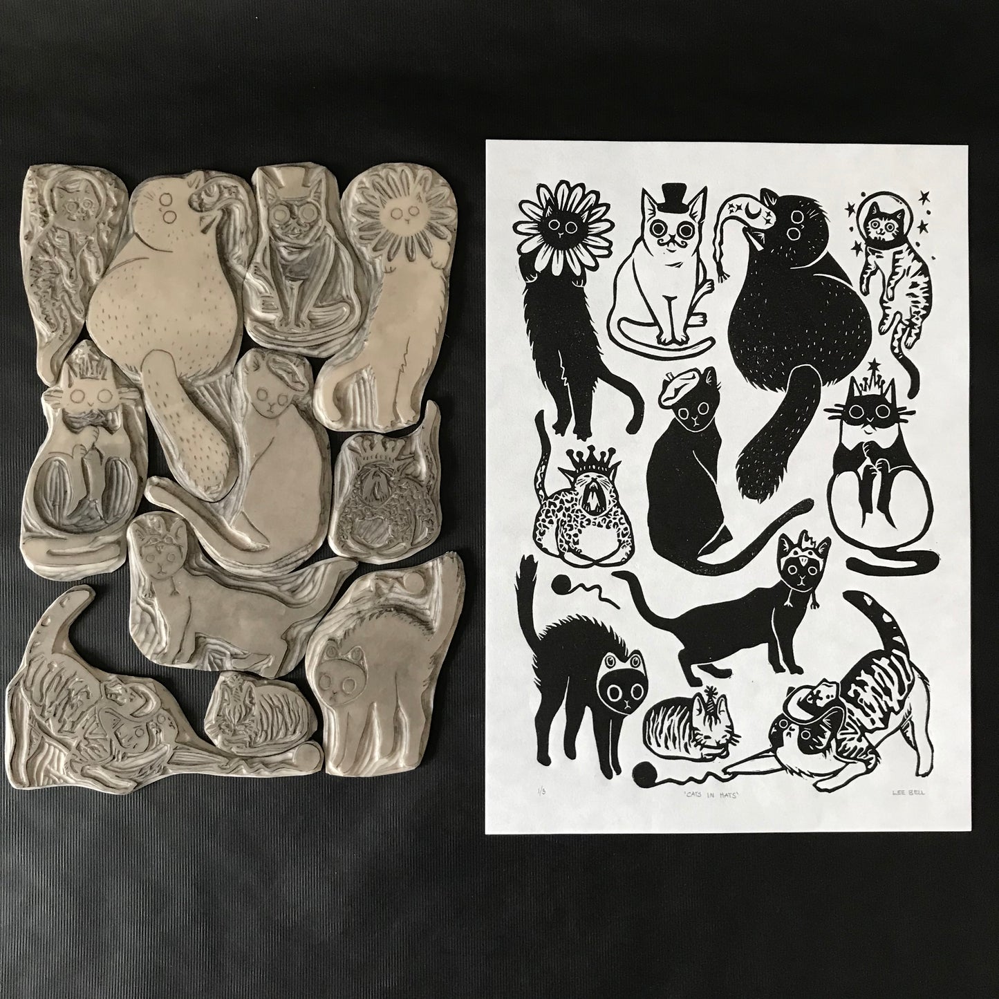 Original Handprinted ‘Cats In Hats’ Lino Art Prints