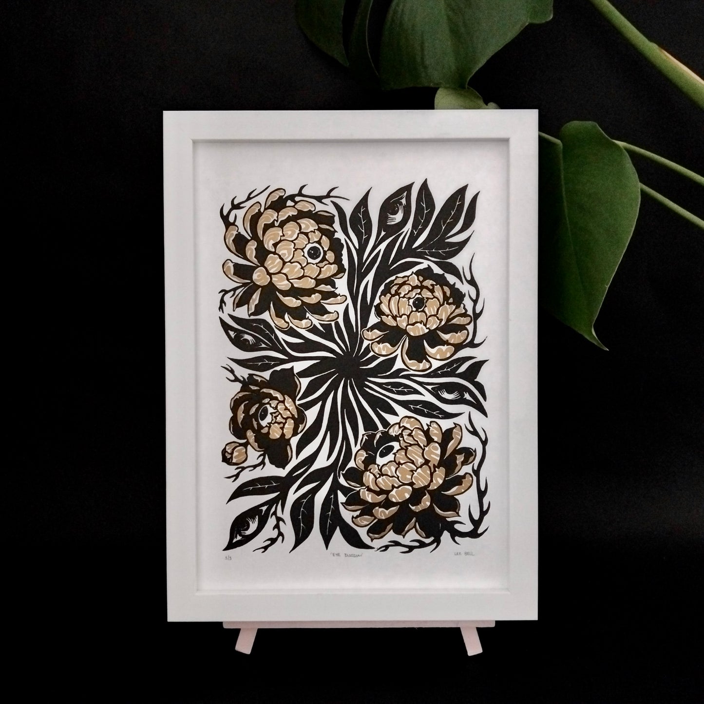 Original Handmade ‘Eye Blossom’ In Gold & Green/Pink - A4