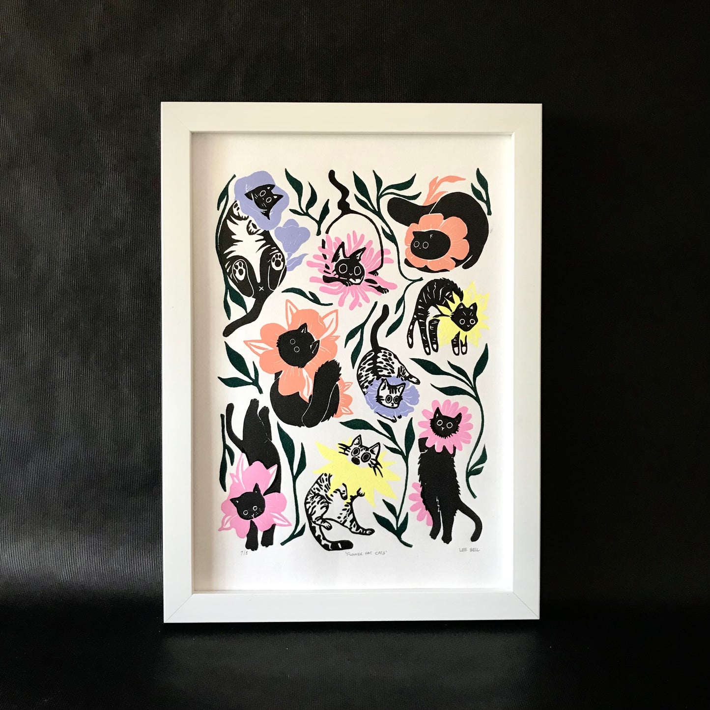 Hand-Printed ‘Flower Hat Cats’ A4 Lino Print