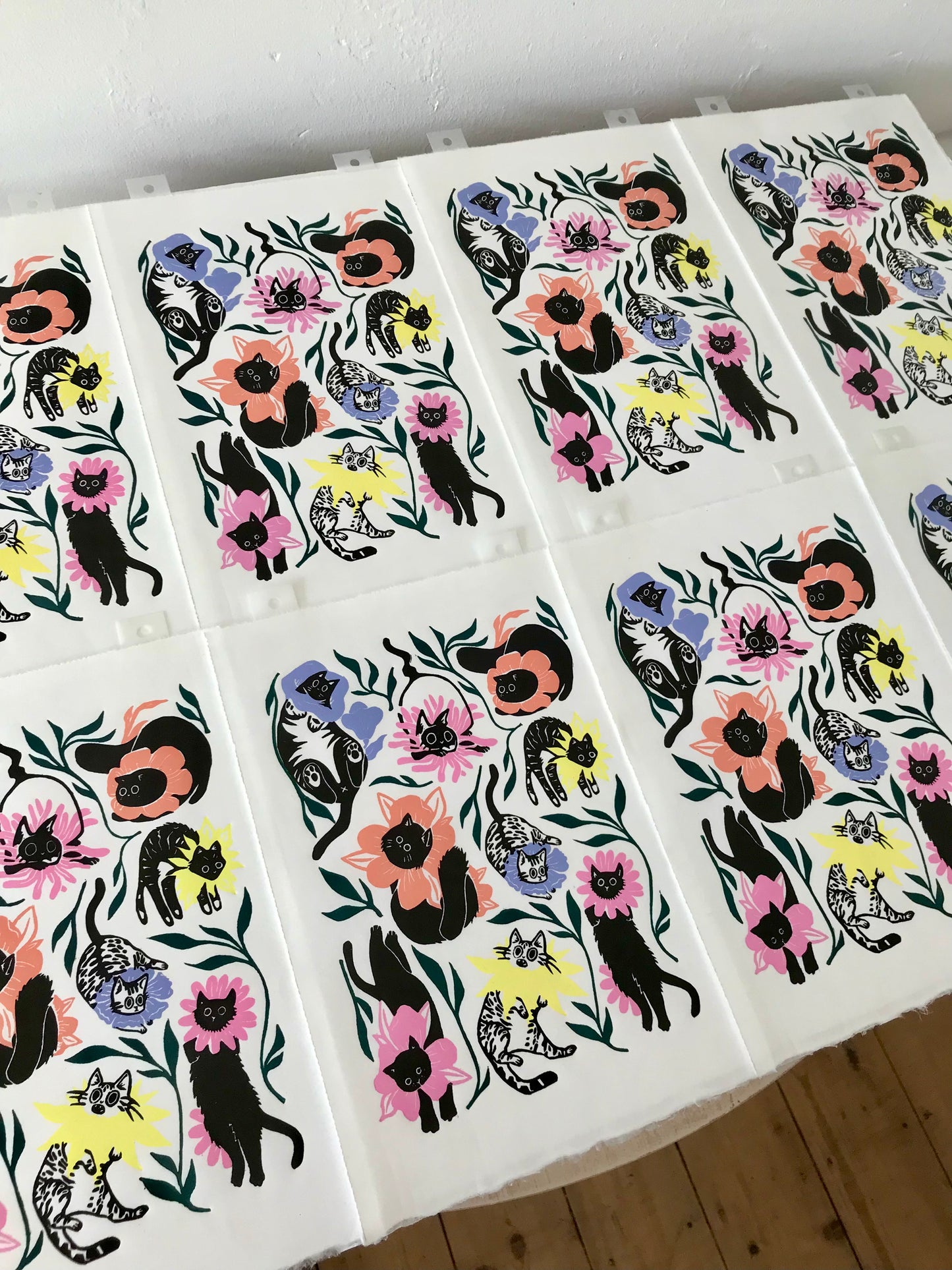 Hand-Printed ‘Flower Hat Cats’ A4 Lino Print
