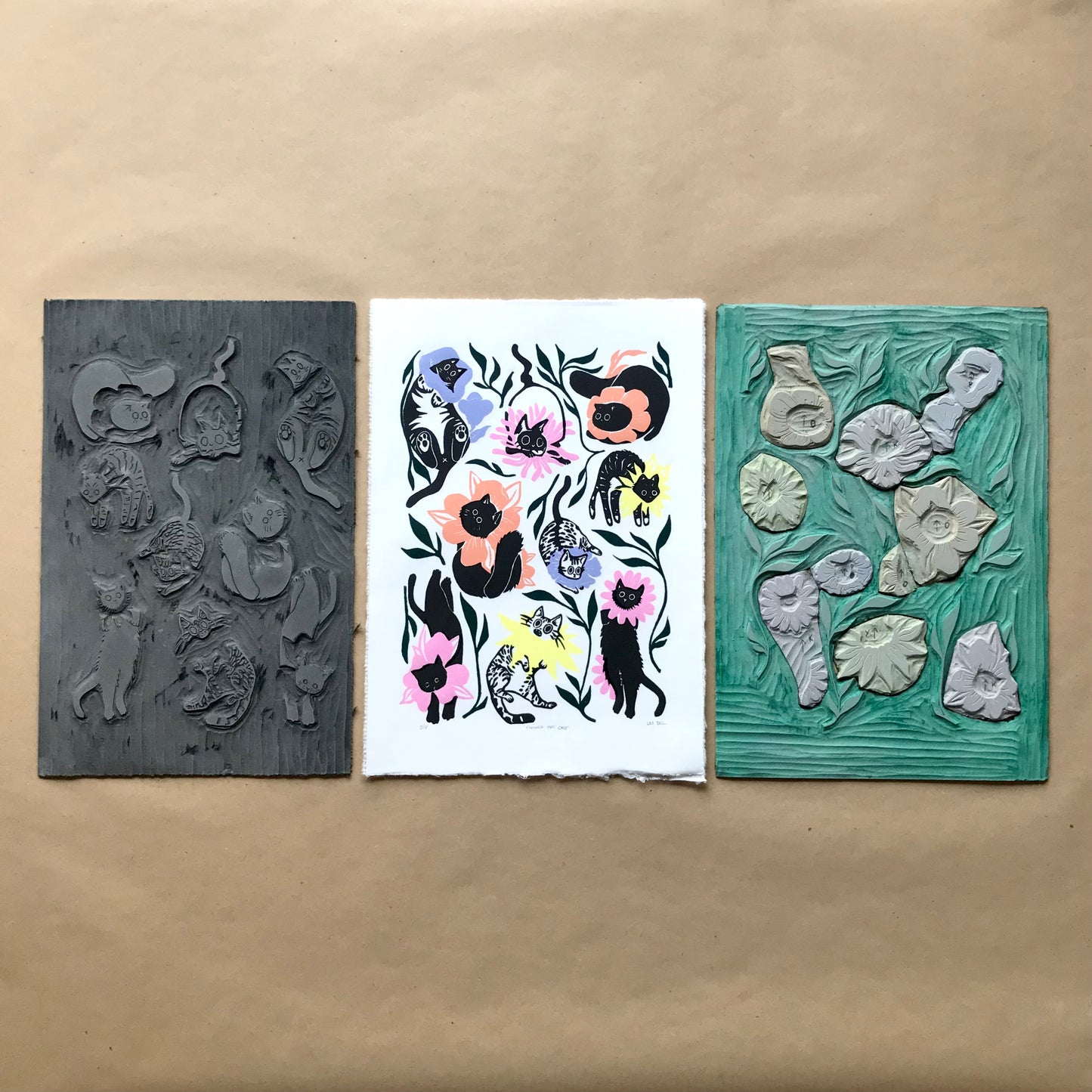 Hand-Printed ‘Flower Hat Cats’ A4 Lino Print