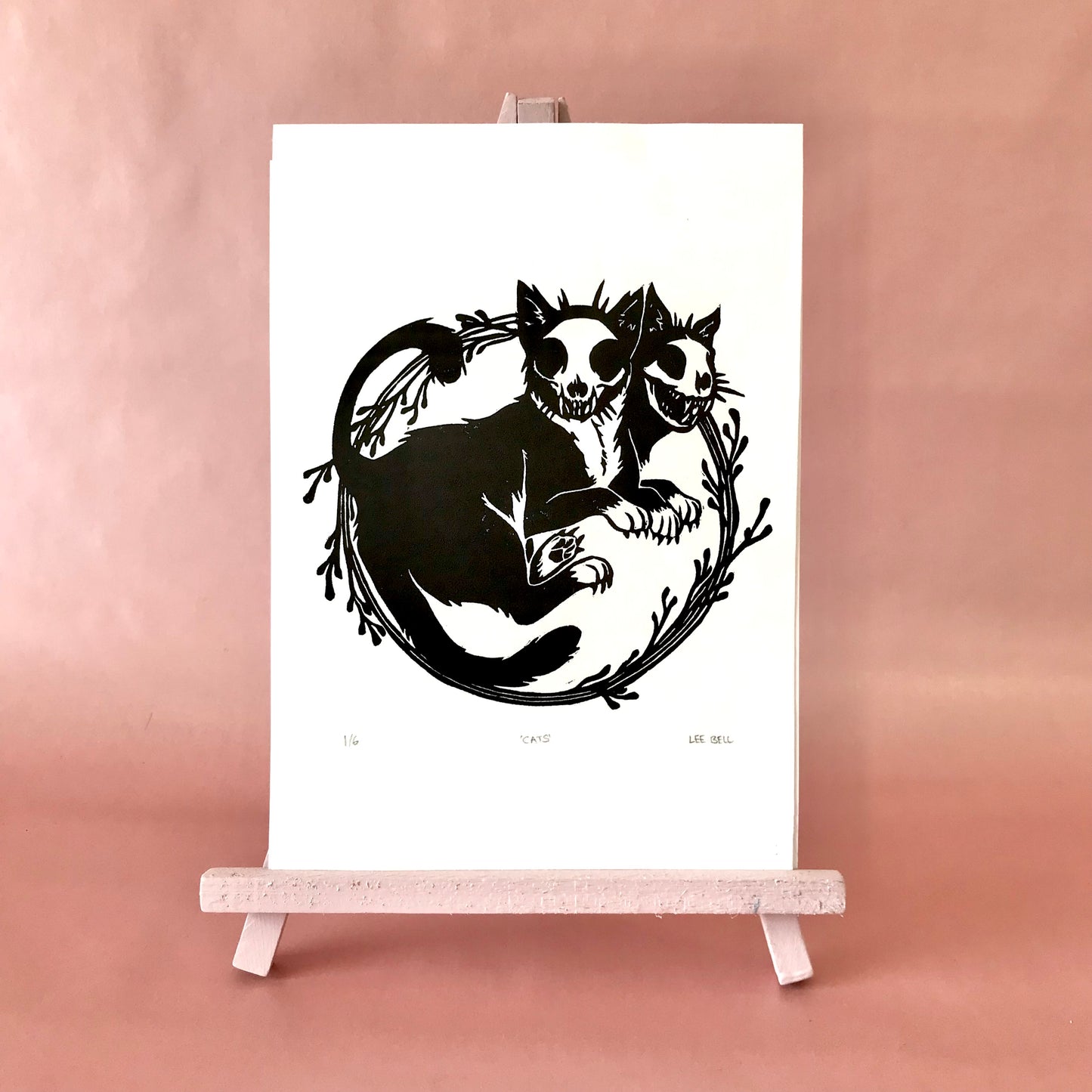 Original Handprinted ‘Skull Cats’ A5 Lino Print
