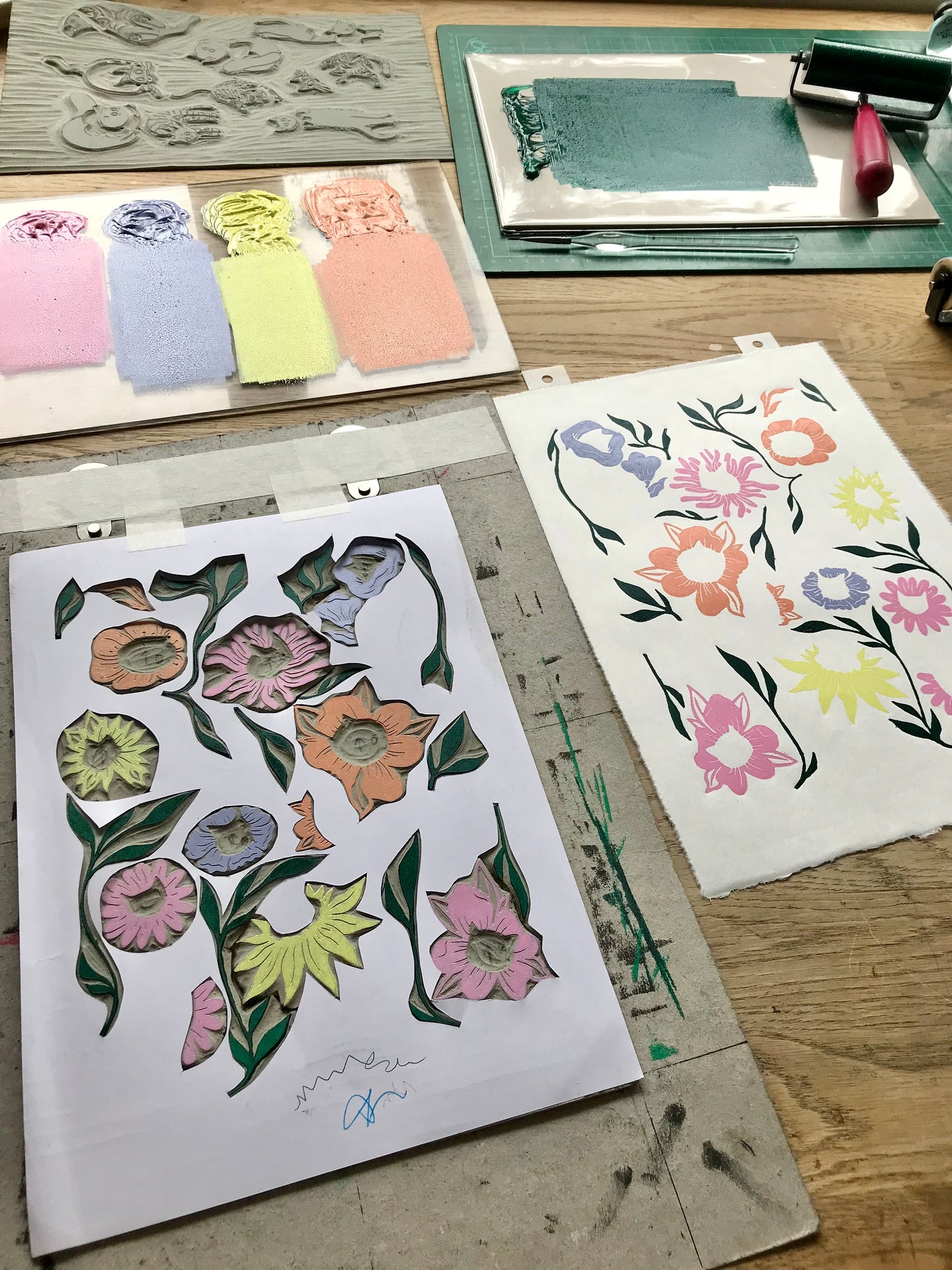 Hand-Printed ‘Flower Hat Cats’ A4 Lino Print