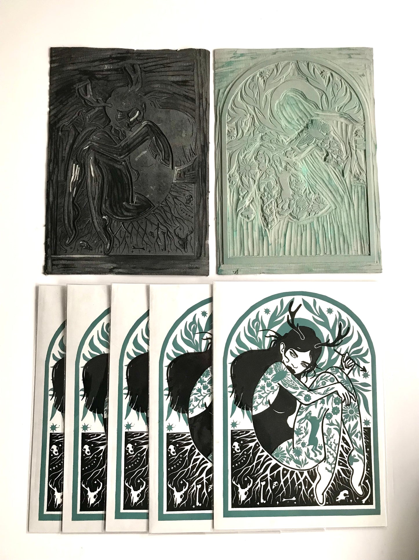 Original Handprinted ‘Green Witch’ A4 Lino Print