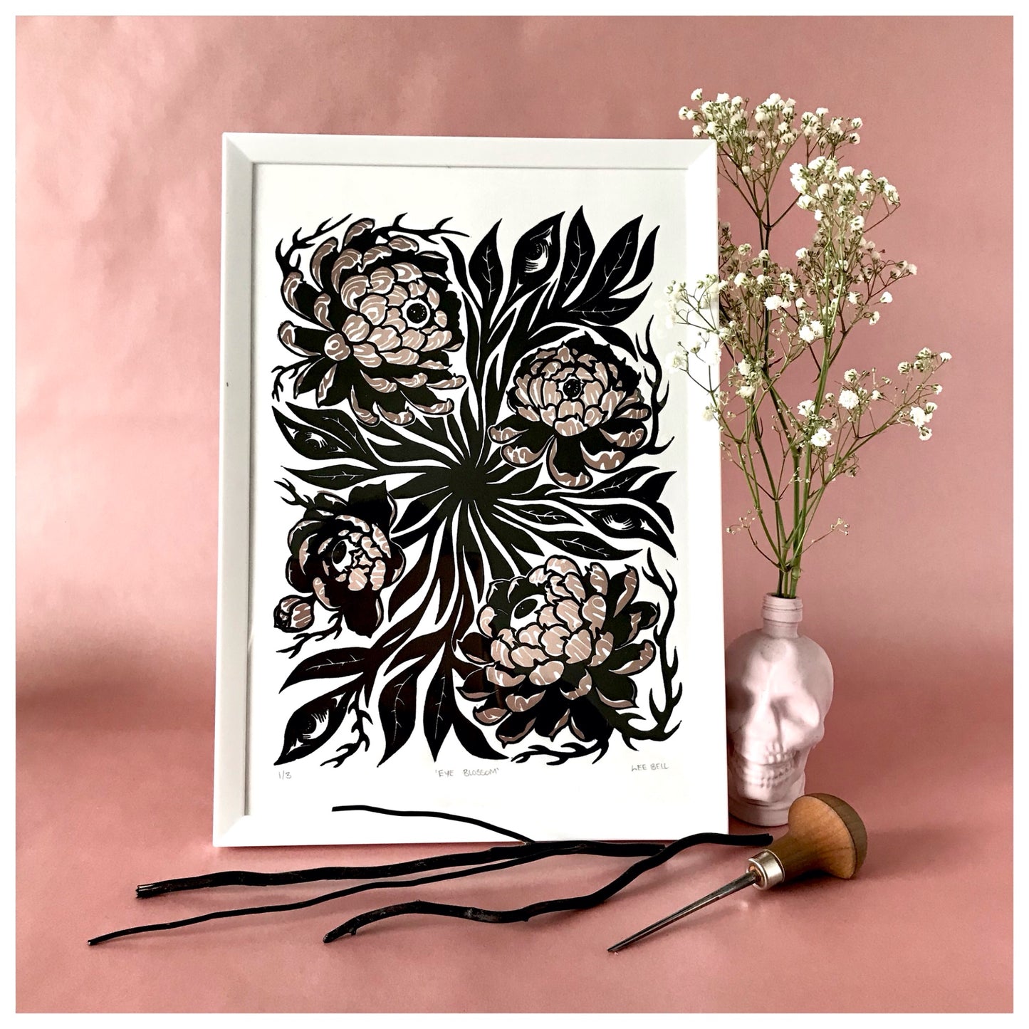 Original Handmade ‘Eye Blossom’ In Gold & Green/Pink - A4