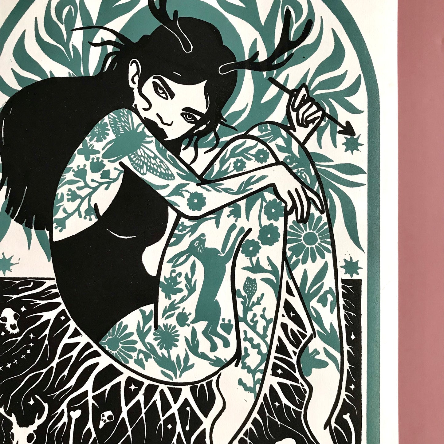 Original Handprinted ‘Green Witch’ A4 Lino Print