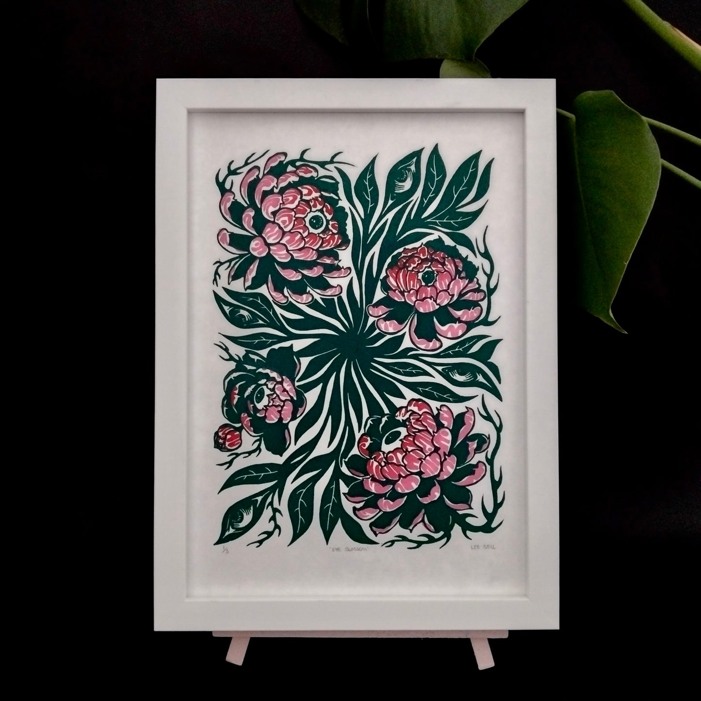 Original Handmade ‘Eye Blossom’ In Gold & Green/Pink - A4