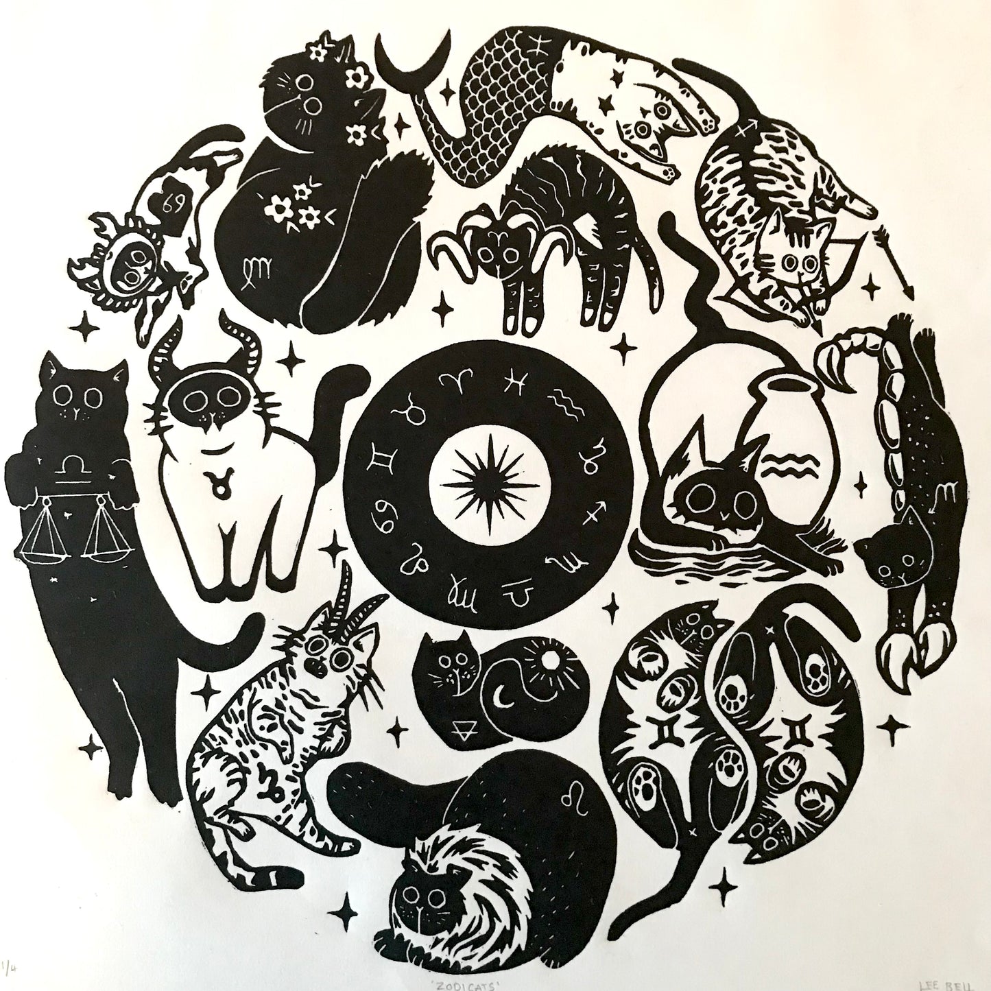 Zodicats 30x30cm Lino Art Print