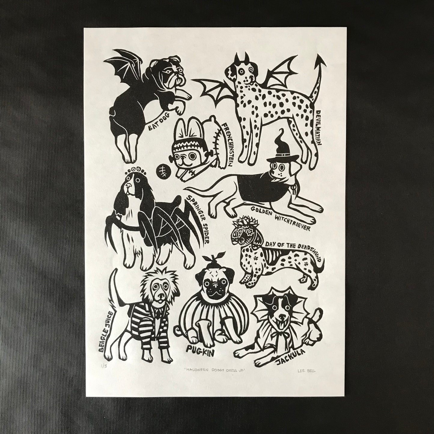 Original Handprinted ‘Doggy Dress Up’ Lino Prints