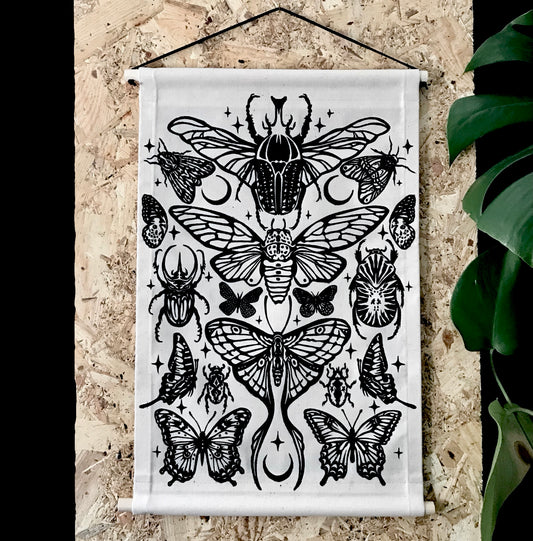 A3 Lino Print Wall Hanging | Winged Creatures Textile Banner | Hand Printed Gothic Nature Art | Entomology Decor | 30 x 43.5cm