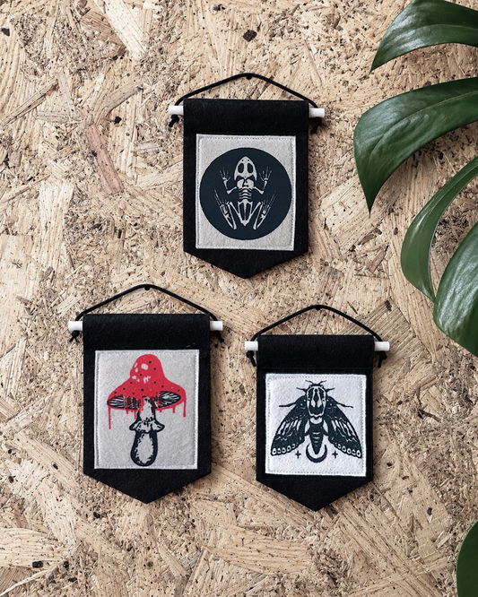 Mini Felt Wall Hanging | Screen Printed Textile Banner | Gothic Nature Decor | Frog, Mushroom & Moth Wall Art | Handmade UK