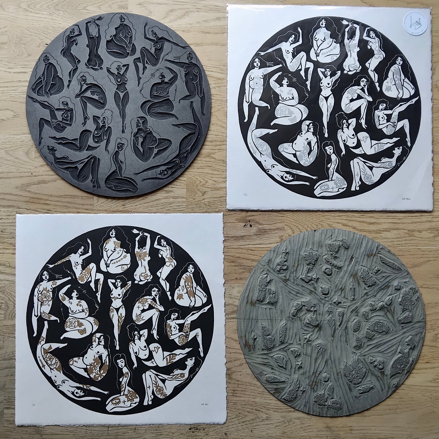 ORIGINAL HANDMADE 'TATTOO GIRLS' GOLD & SILVER LINOCUT PRINT