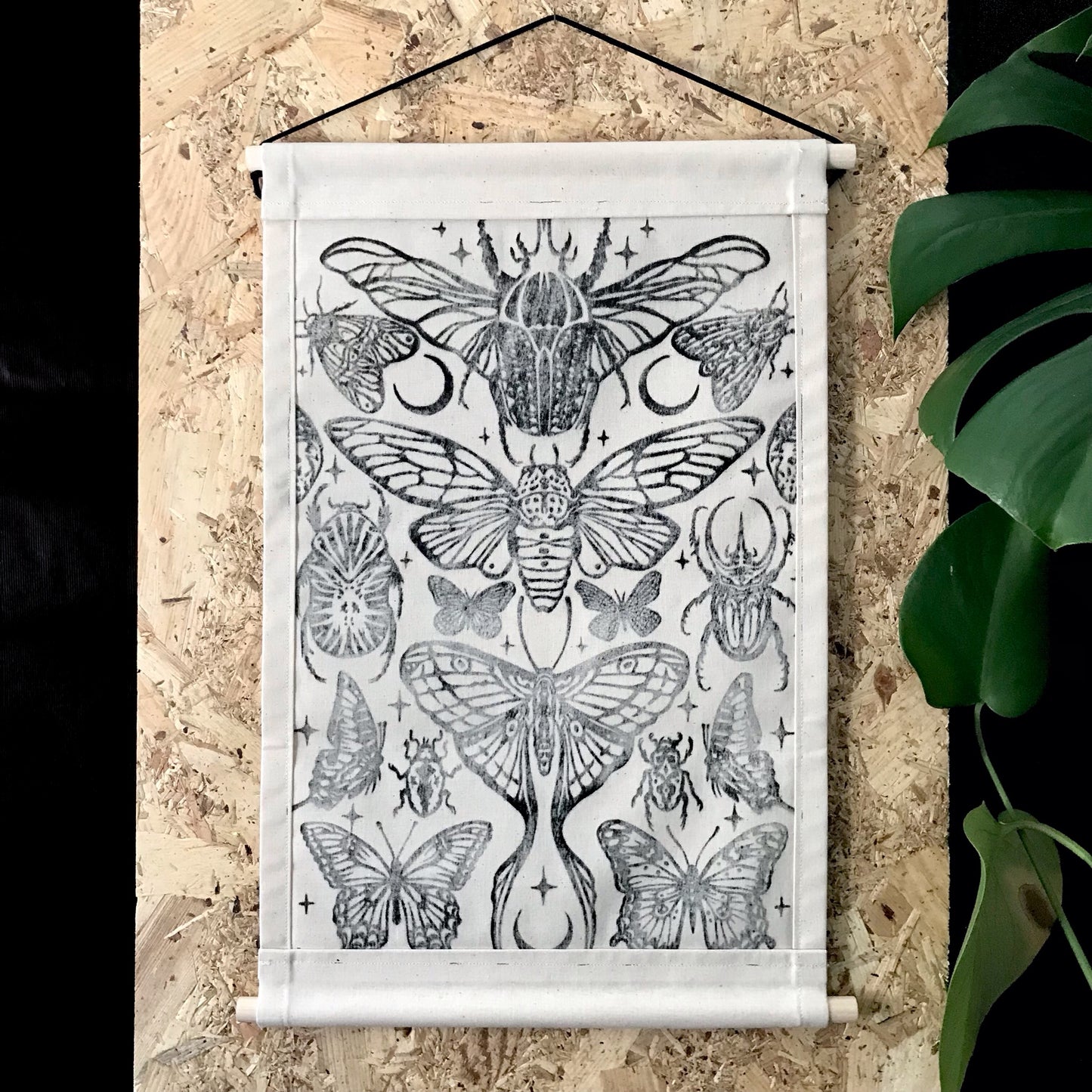 A3 Lino Print Wall Hanging | Winged Creatures Textile Banner | Hand Printed Gothic Nature Art | Entomology Decor | 30 x 43.5cm