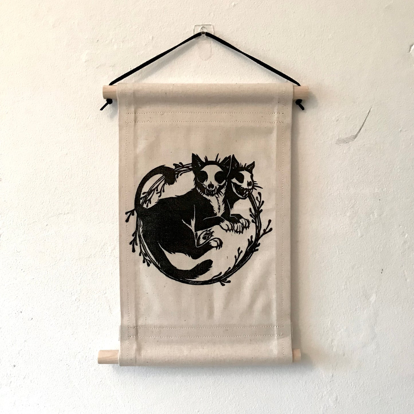 Fabric Wall Hanging Banner - Two-Headed Skull Cats