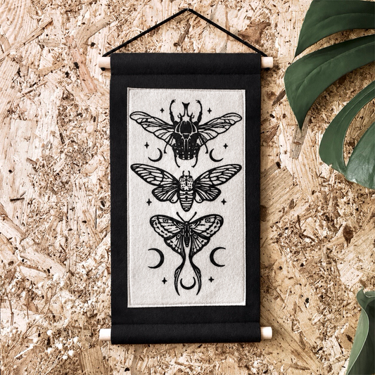 Screen Printed Felt Wall Hanging | Winged Creatures Textile Art | Gothic Insect Decor | Nature Inspired Wall Banner | 18 x 30cm