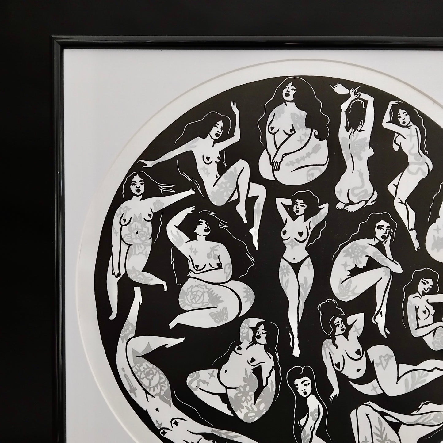 ORIGINAL HANDMADE 'TATTOO GIRLS' GOLD & SILVER LINOCUT PRINT