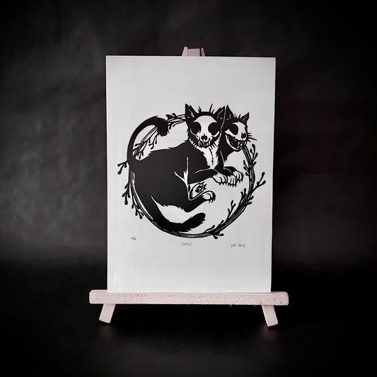 Original Handprinted ‘Skull Cats’ A5 Lino Print