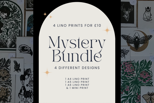 Mystery Lino Print Bundle | 4 Original Hand Printed Linocut Prints | Clearance Art Set | Limited Edition Wall Art