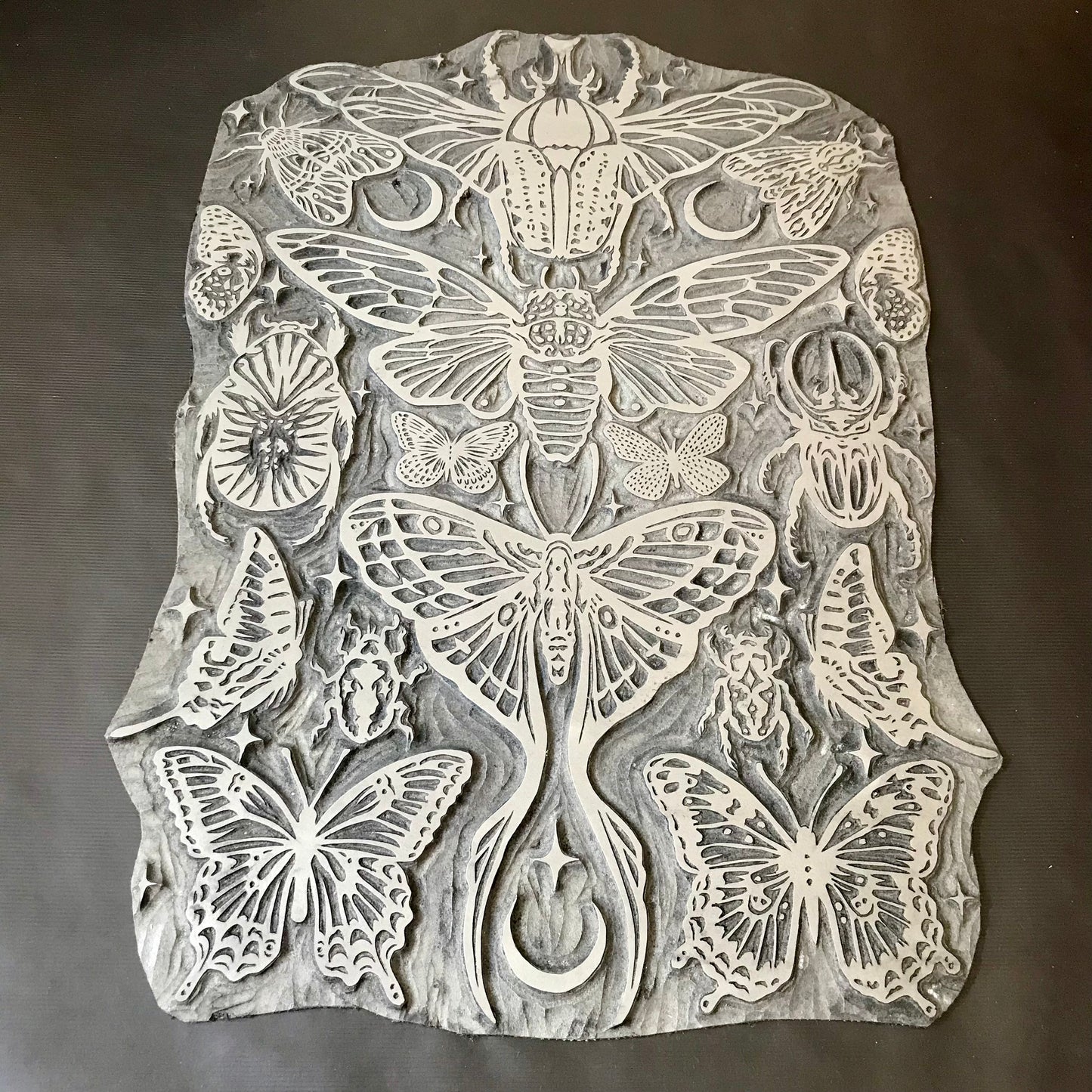 A3 Lino Print Wall Hanging | Winged Creatures Textile Banner | Hand Printed Gothic Nature Art | Entomology Decor | 30 x 43.5cm