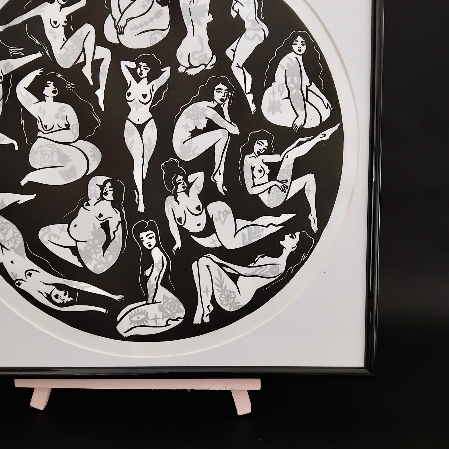 ORIGINAL HANDMADE 'TATTOO GIRLS' GOLD & SILVER LINOCUT PRINT