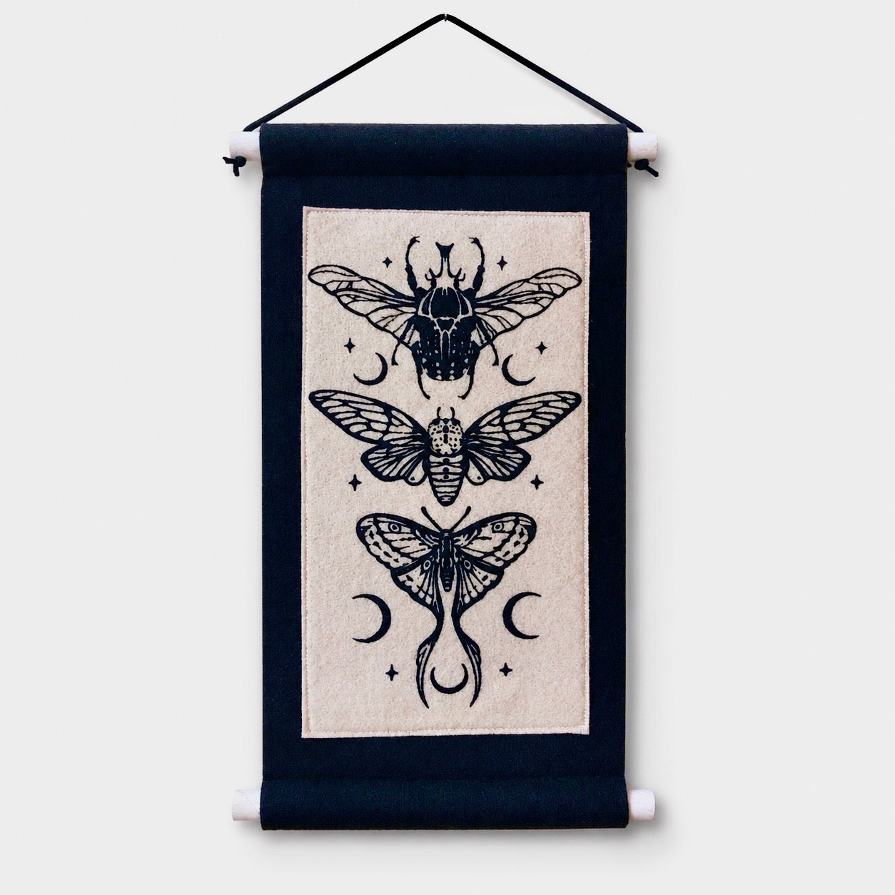 Screen Printed Felt Wall Hanging | Winged Creatures Textile Art | Gothic Insect Decor | Nature Inspired Wall Banner | 18 x 30cm
