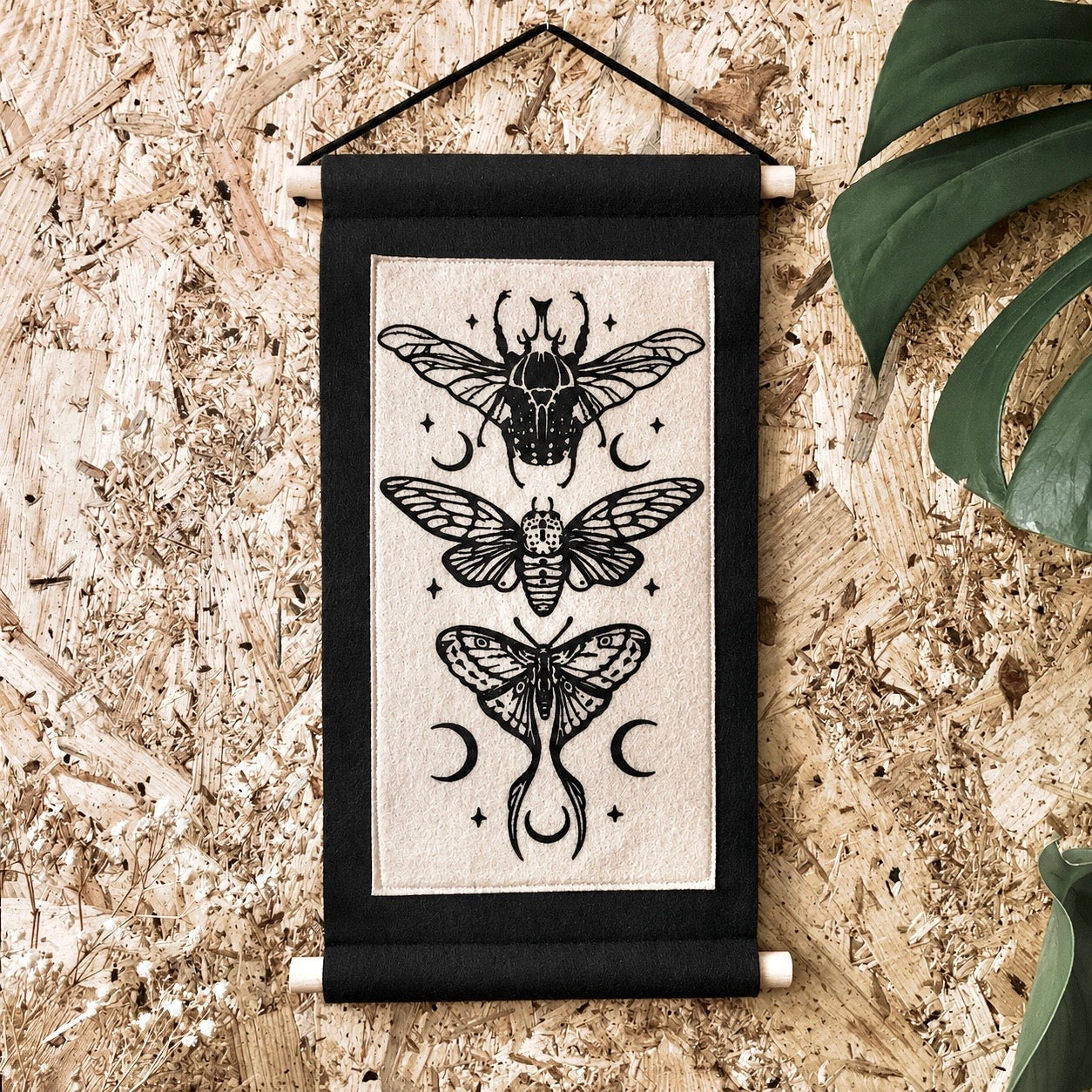 Screen Printed Felt Wall Hanging | Winged Creatures Textile Art | Gothic Insect Decor | Nature Inspired Wall Banner | 18 x 30cm