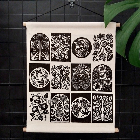 Original Handmade X12 Birth Flower Black Lino Wall Art Print
