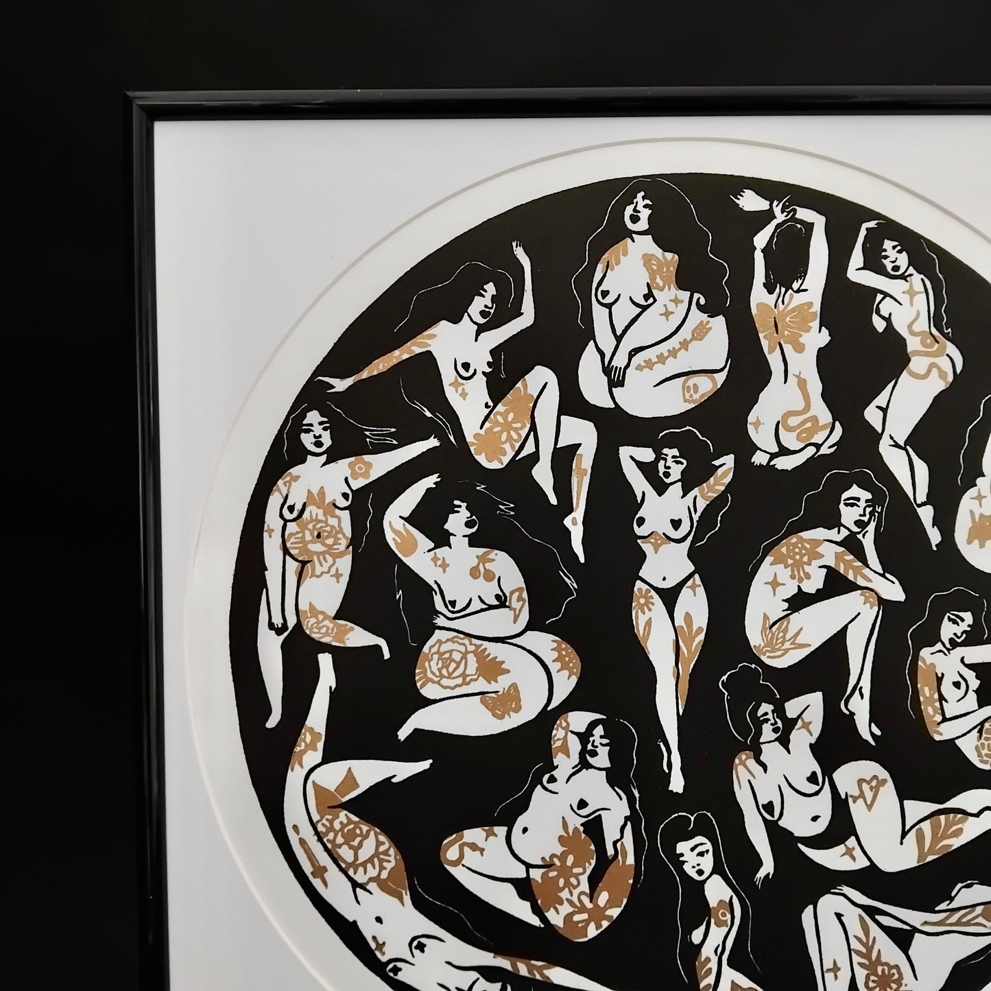 ORIGINAL HANDMADE 'TATTOO GIRLS' GOLD & SILVER LINOCUT PRINT