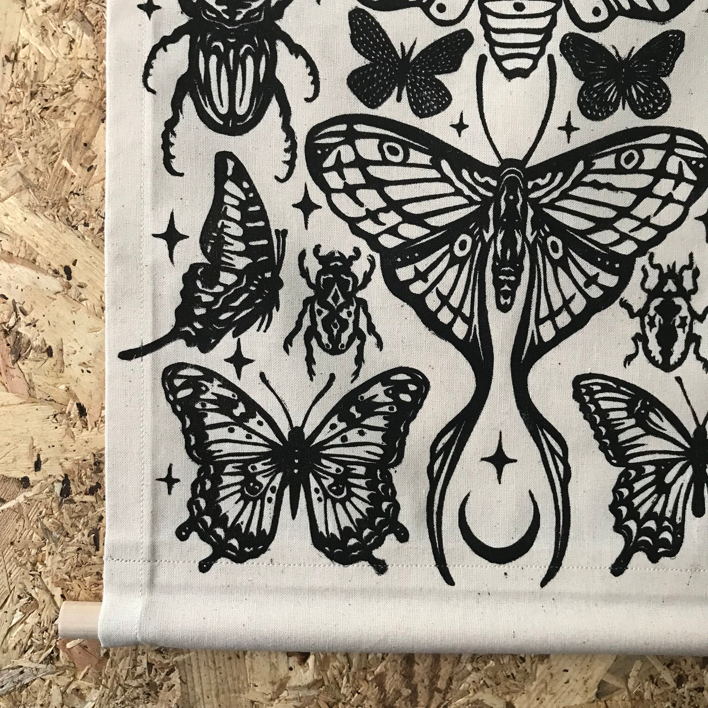 A3 Lino Print Wall Hanging | Winged Creatures Textile Banner | Hand Printed Gothic Nature Art | Entomology Decor | 30 x 43.5cm