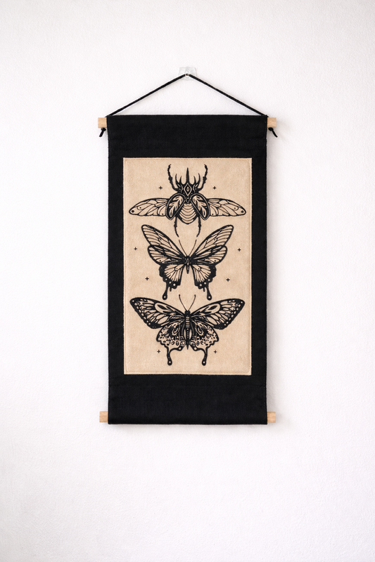 Gothic Insect Felt Wall Hanging – Hand Printed Textile Art – Dark Botanical Home Decor