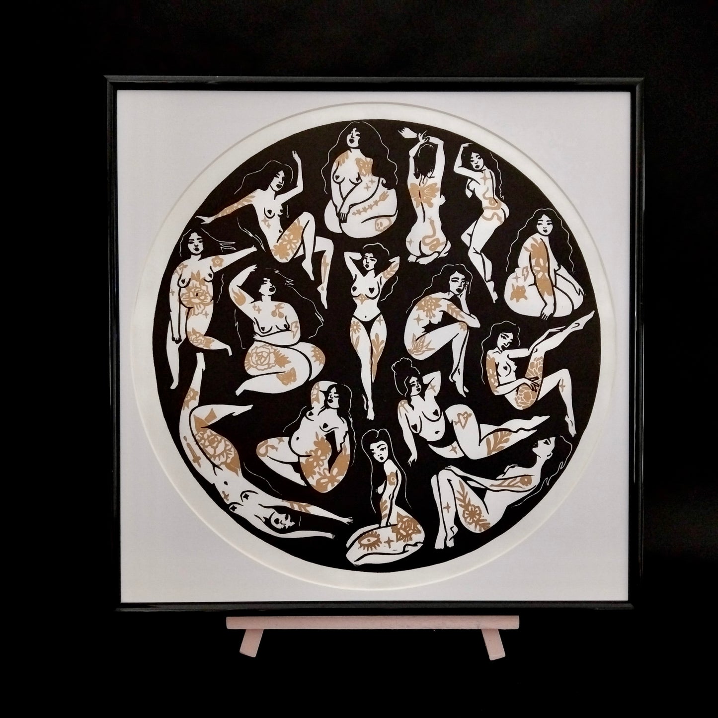 ORIGINAL HANDMADE 'TATTOO GIRLS' GOLD & SILVER LINOCUT PRINT