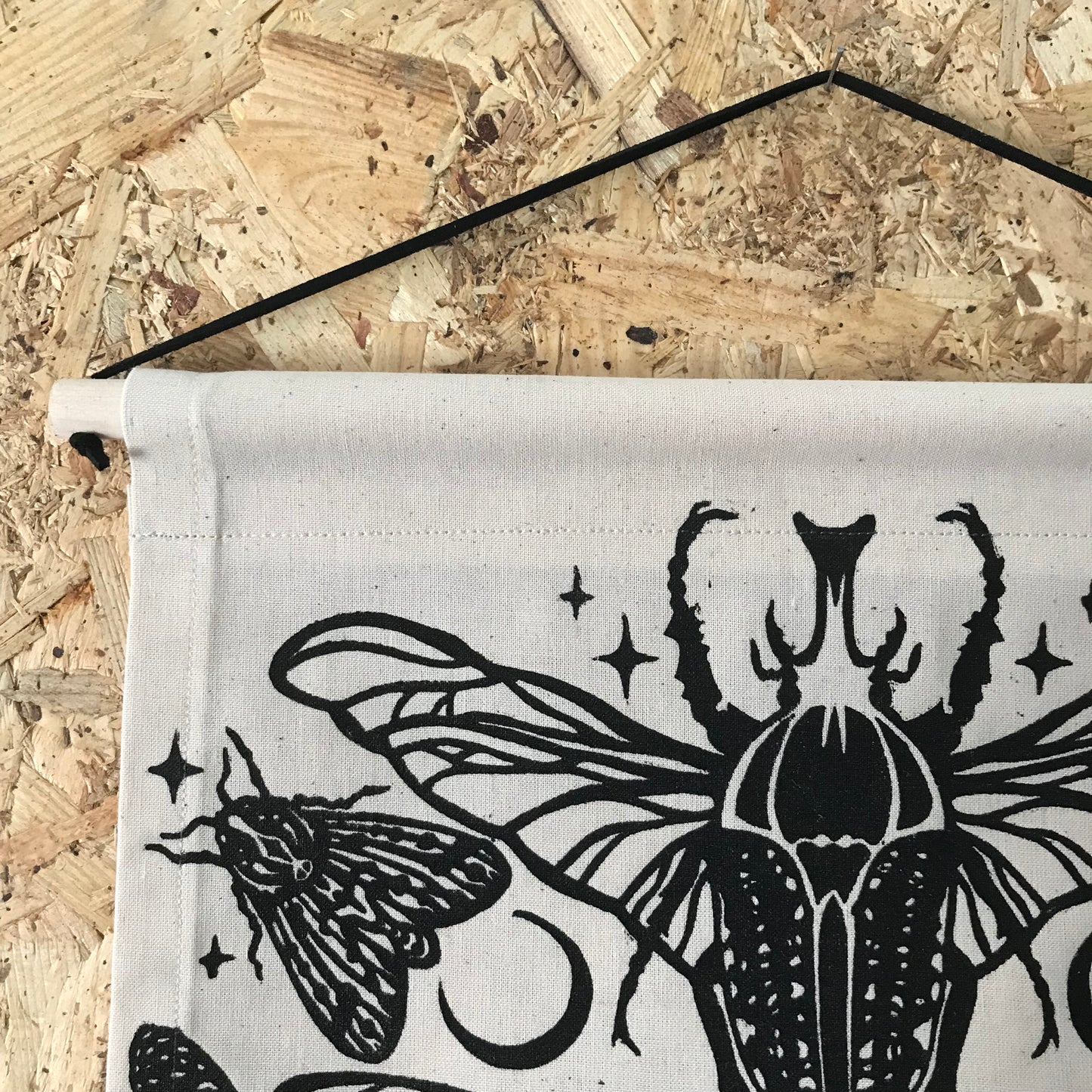 A3 Lino Print Wall Hanging | Winged Creatures Textile Banner | Hand Printed Gothic Nature Art | Entomology Decor | 30 x 43.5cm