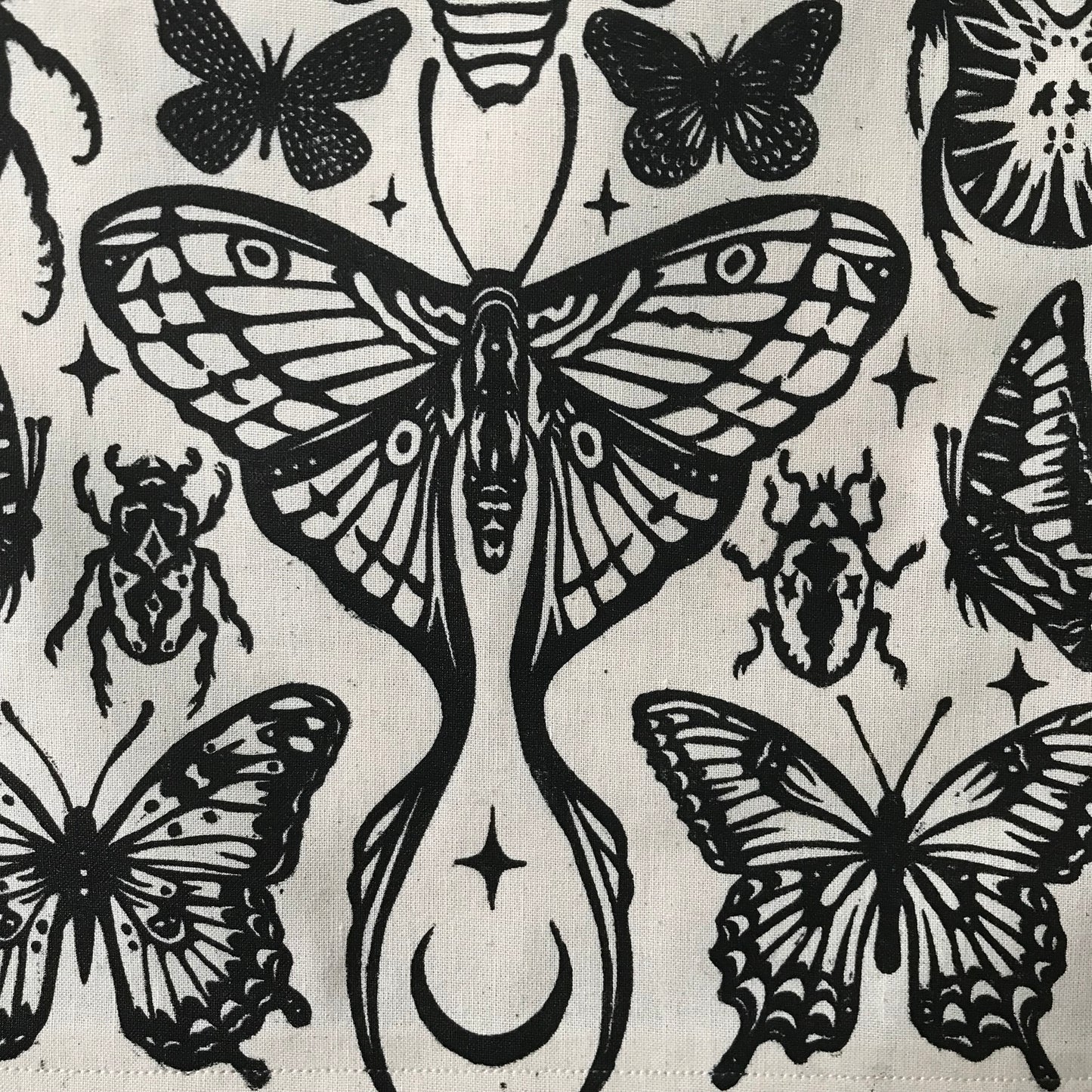 A3 Lino Print Wall Hanging | Winged Creatures Textile Banner | Hand Printed Gothic Nature Art | Entomology Decor | 30 x 43.5cm