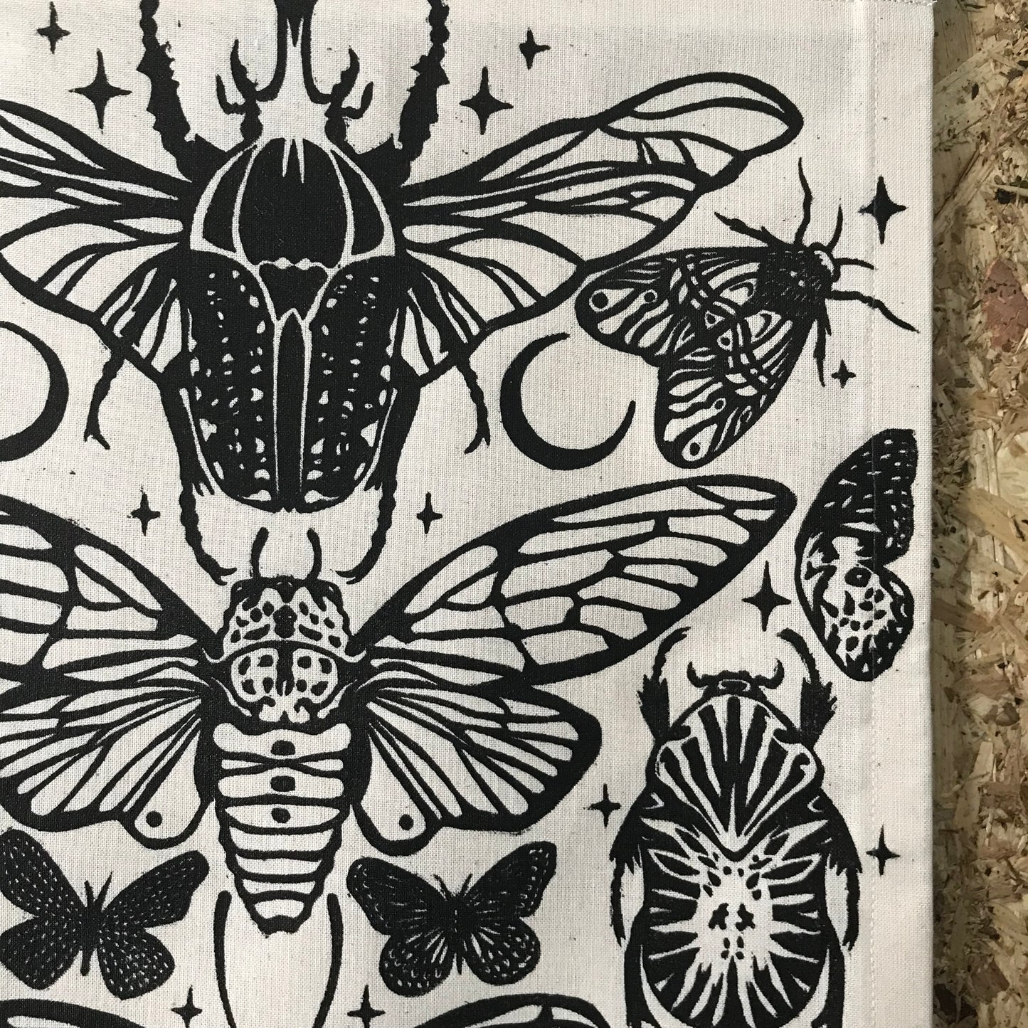 A3 Lino Print Wall Hanging | Winged Creatures Textile Banner | Hand Printed Gothic Nature Art | Entomology Decor | 30 x 43.5cm