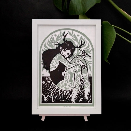 Original Handprinted ‘Green Witch’ A4 Lino Print