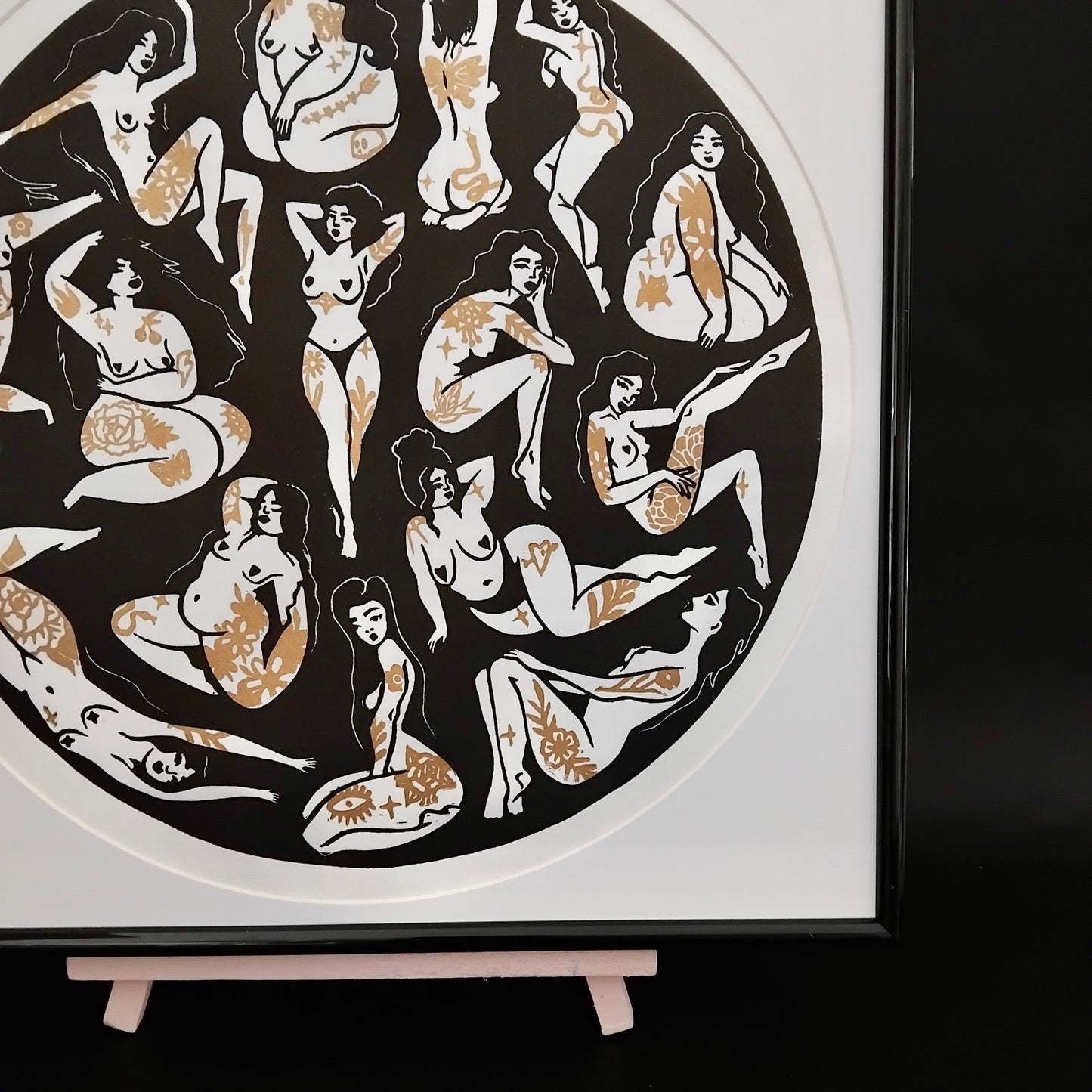 ORIGINAL HANDMADE 'TATTOO GIRLS' GOLD & SILVER LINOCUT PRINT
